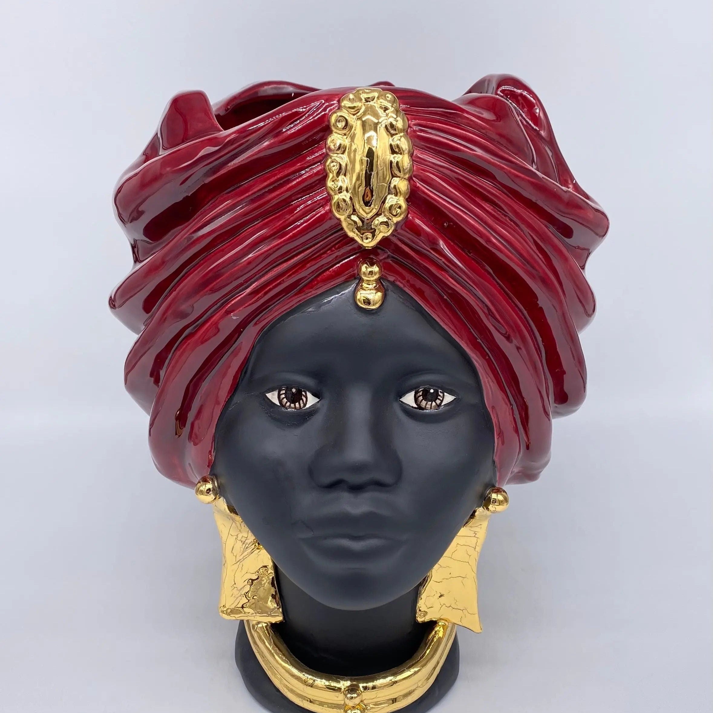 Teste di Moro Atena Ceramica Caltagirone cm H.30 L.23 Artigianale Bordeaux Nero Oro DD CERAMICHE SICILIANE