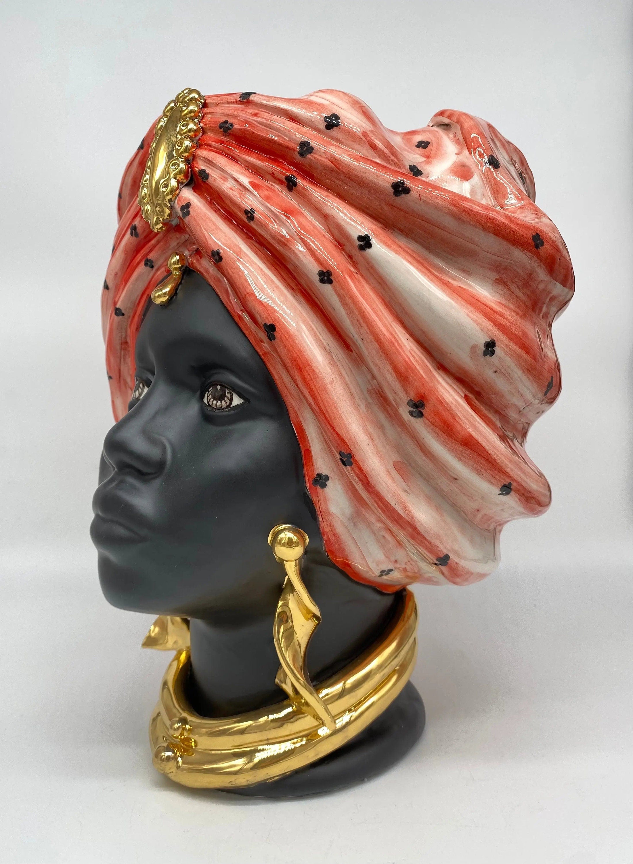 Teste di Moro Atena Ceramica Caltagirone cm H.30 L.23 Artigianale Rosso Pois Nero Oro DD CERAMICHE SICILIANE