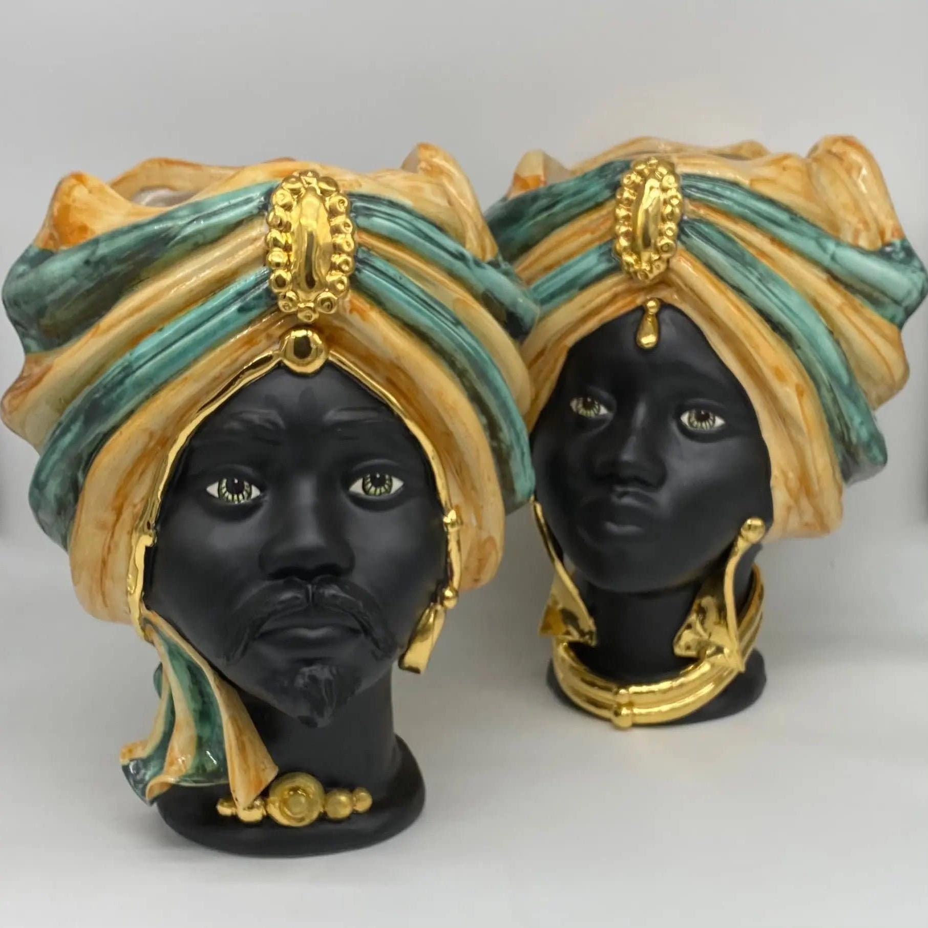 Teste di Moro Atena Ceramica Caltagirone cm H.30 L.23 Artigianale Ocra Verde Nero Oro DD CERAMICHE SICILIANE