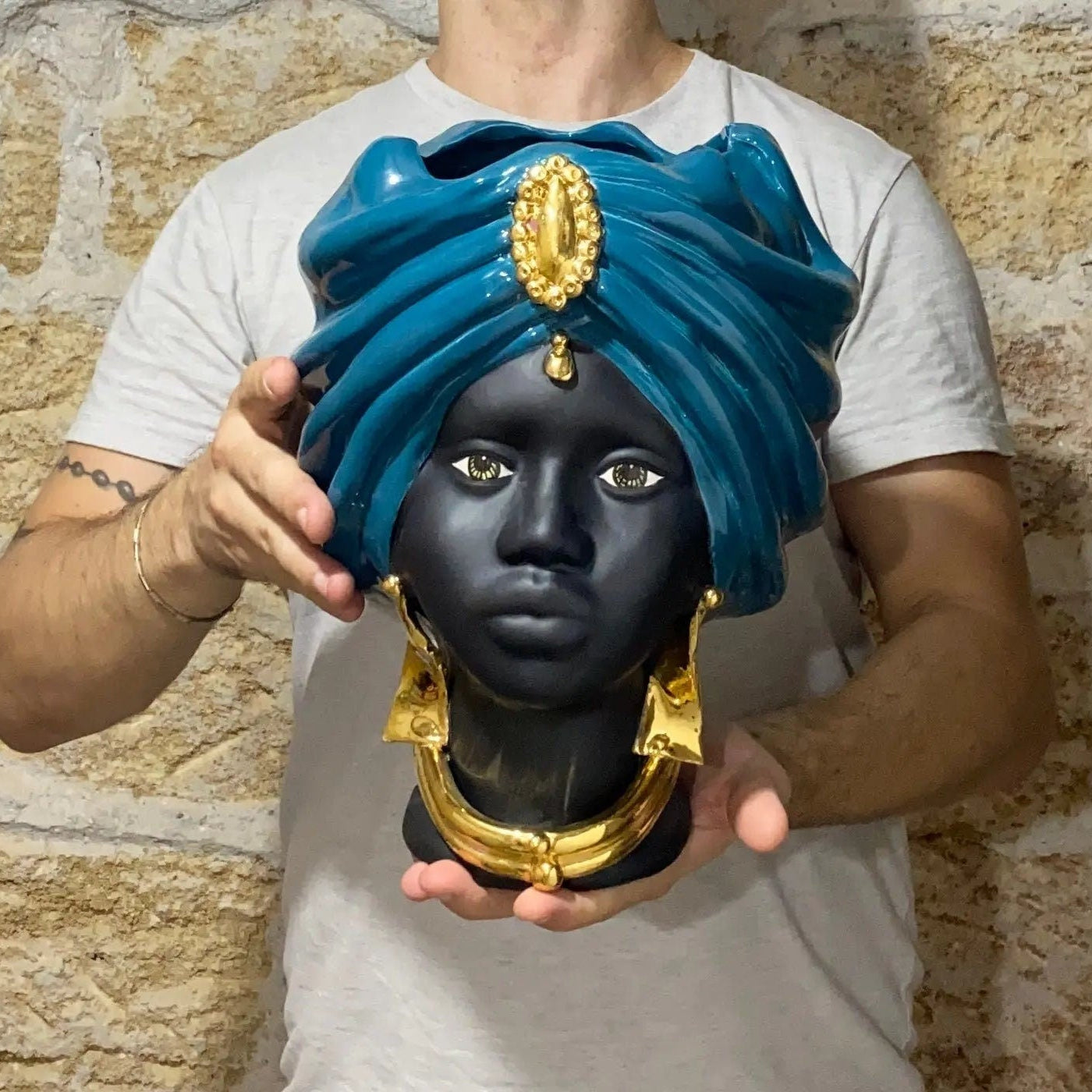 Teste di Moro Atena Ceramica Caltagirone cm H.30 L.23 Artigianale Verde Ottanio Nero Oro DD CERAMICHE SICILIANE