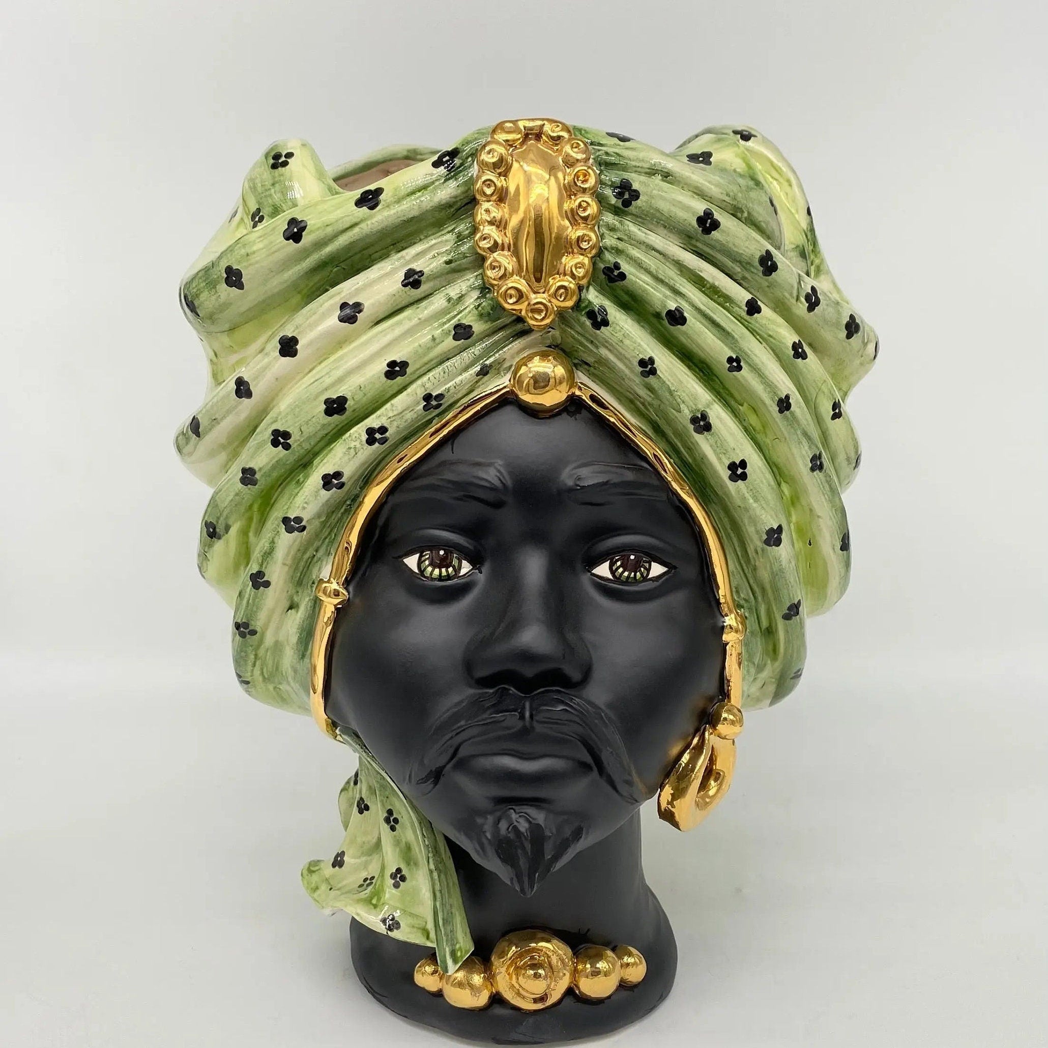 Teste di Moro Atena Ceramica Caltagirone cm H.30 L.23 Artigianale Verde Pois Nero Oro DD CERAMICHE SICILIANE
