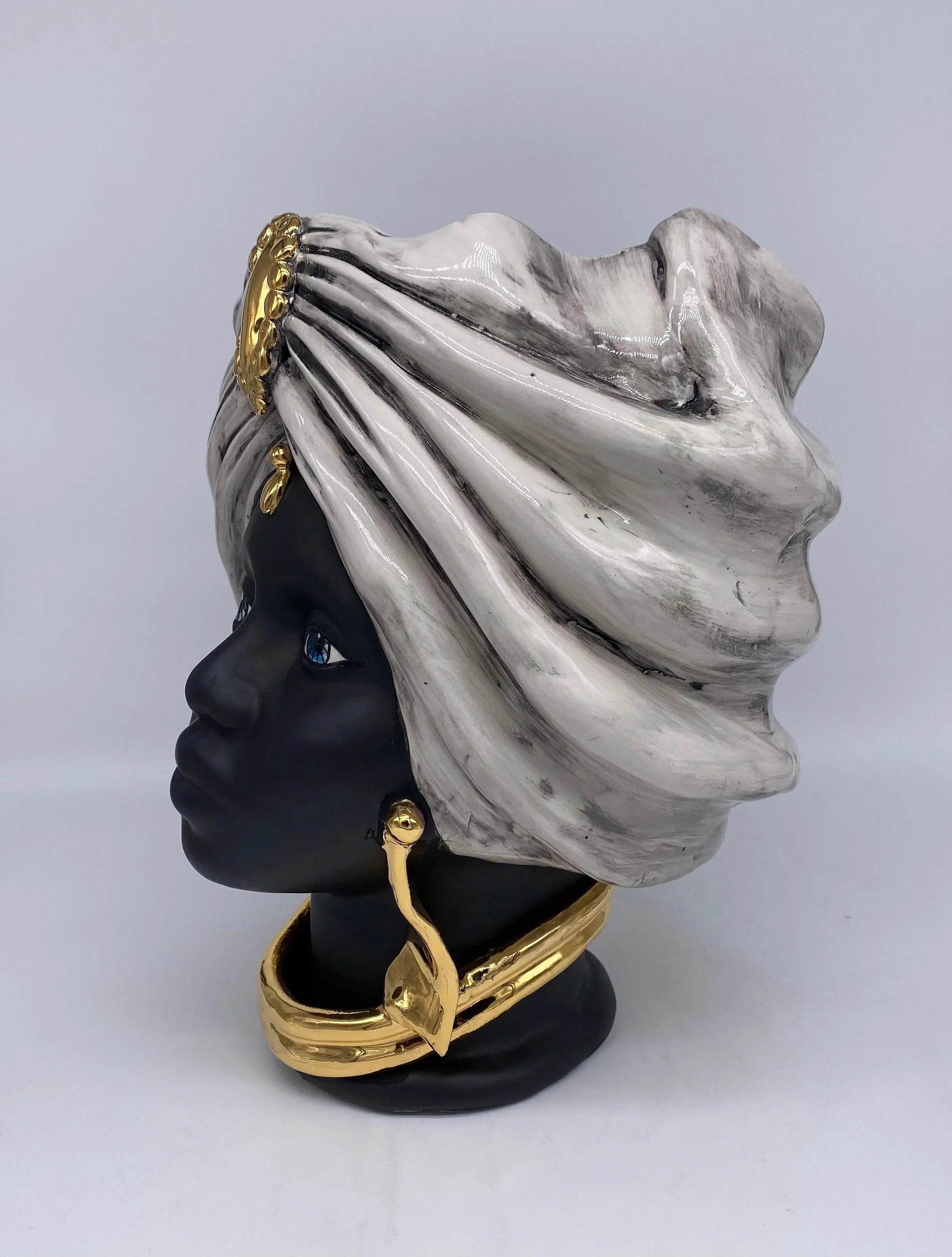 Teste di Moro Atena Ceramica Caltagirone cm H.30 L.23 Artigianale Ghiaccio Nero Oro DD CERAMICHE SICILIANE