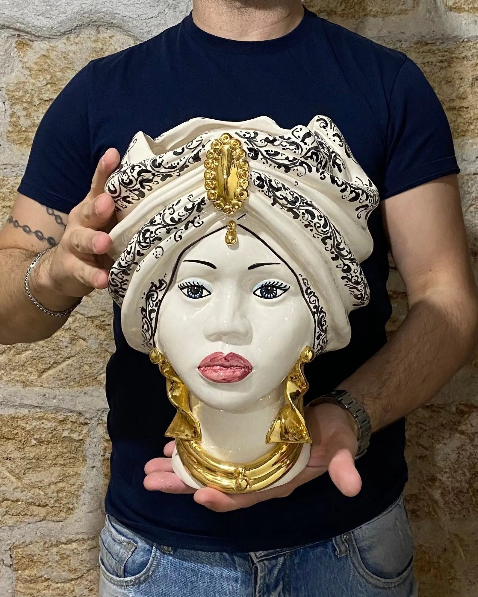 Teste di Moro Atena Ceramica Caltagirone cm H.30 L.23 Artigianale Bianco Decoro Barocco Oro DD CERAMICHE SICILIANE