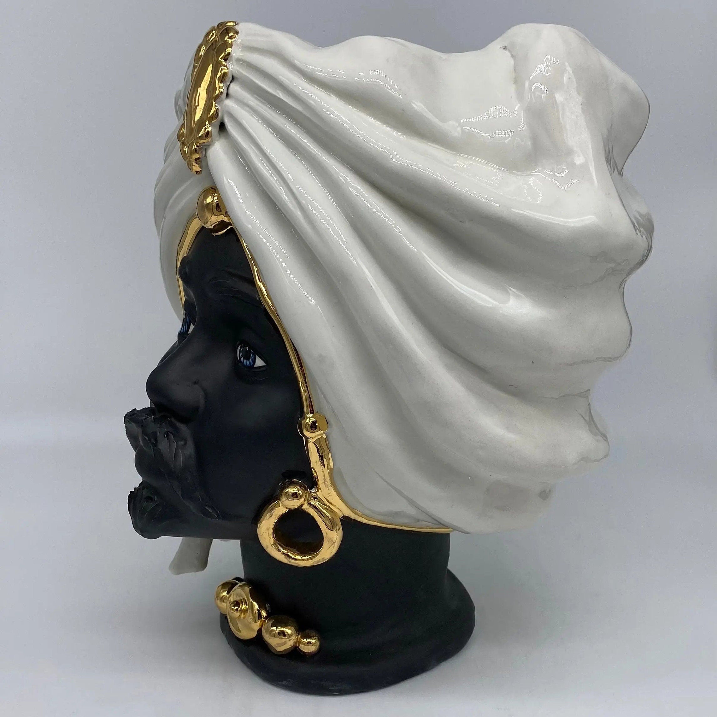 Teste di Moro Atena Ceramica Caltagirone cm H.30 L.23 Artigianale Bianco Nero Oro DD CERAMICHE SICILIANE