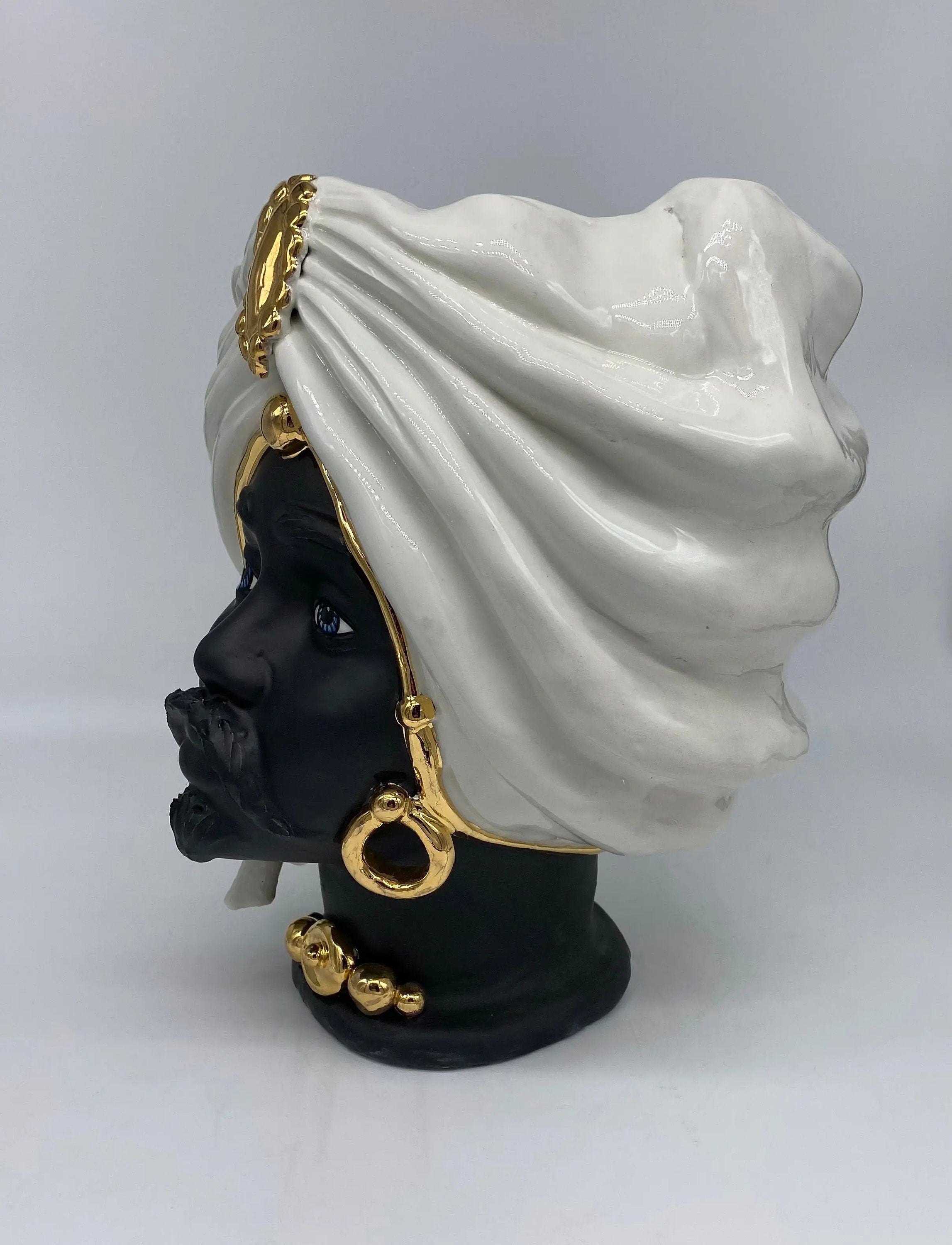 Teste di Moro Atena Ceramica Caltagirone cm H.30 L.23 Artigianale Bianco Nero Oro DD CERAMICHE SICILIANE