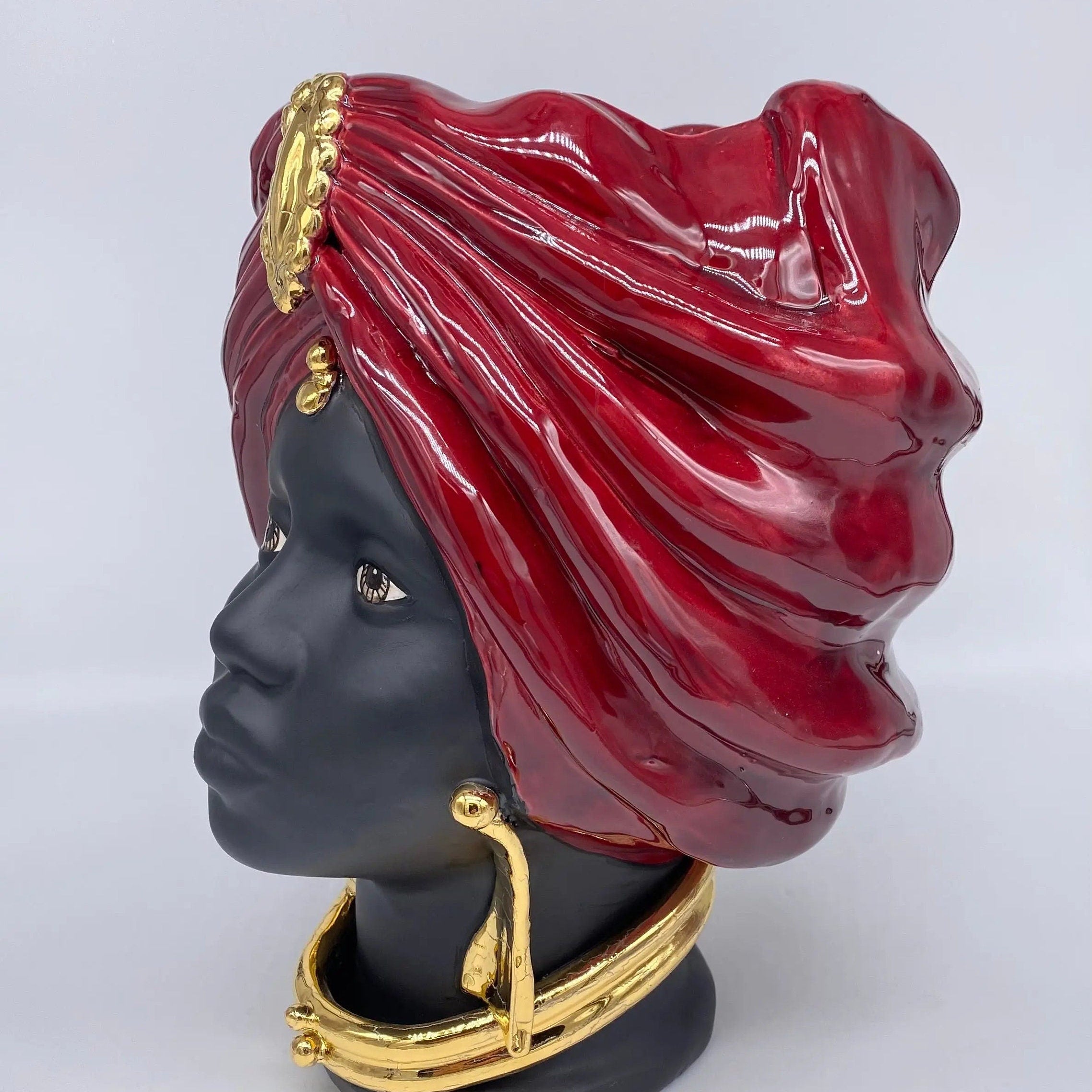 Teste di Moro Atena Ceramica Caltagirone cm H.30 L.23 Artigianale Bordeaux Nero Oro DD CERAMICHE SICILIANE