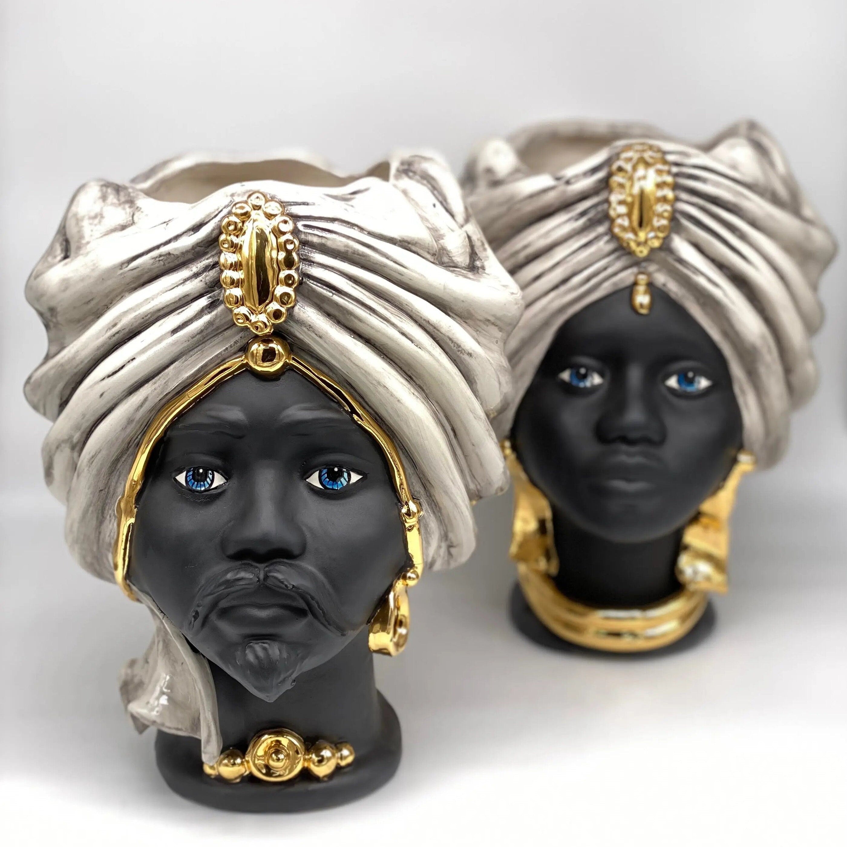 Teste di Moro Atena Ceramica Caltagirone cm H.30 L.23 Artigianale Ghiaccio Nero Oro DD CERAMICHE SICILIANE