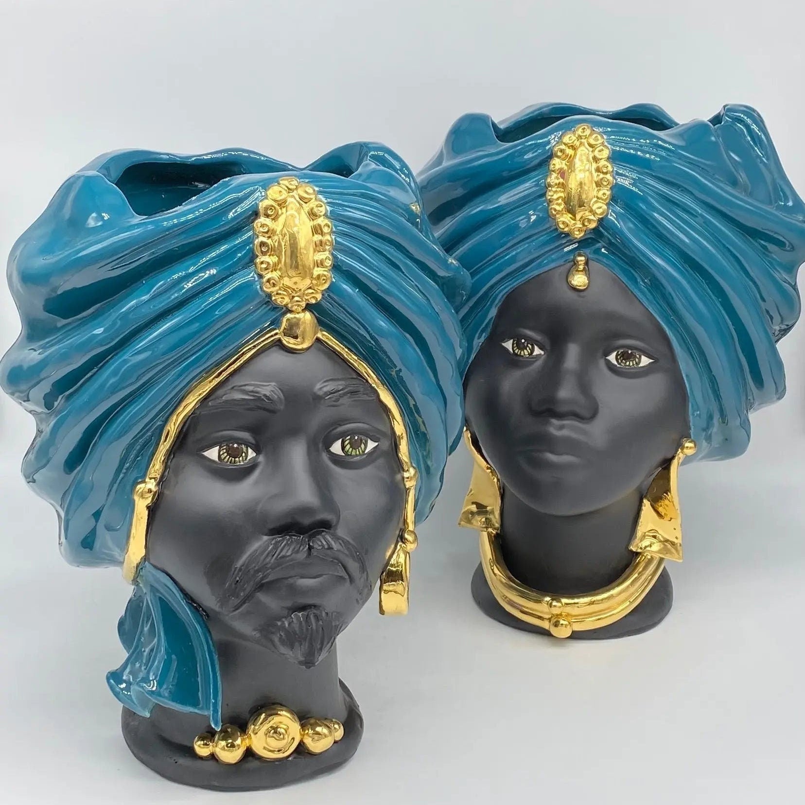 Teste di Moro Atena Ceramica Caltagirone cm H.30 L.23 Artigianale Verde Ottanio Nero Oro DD CERAMICHE SICILIANE