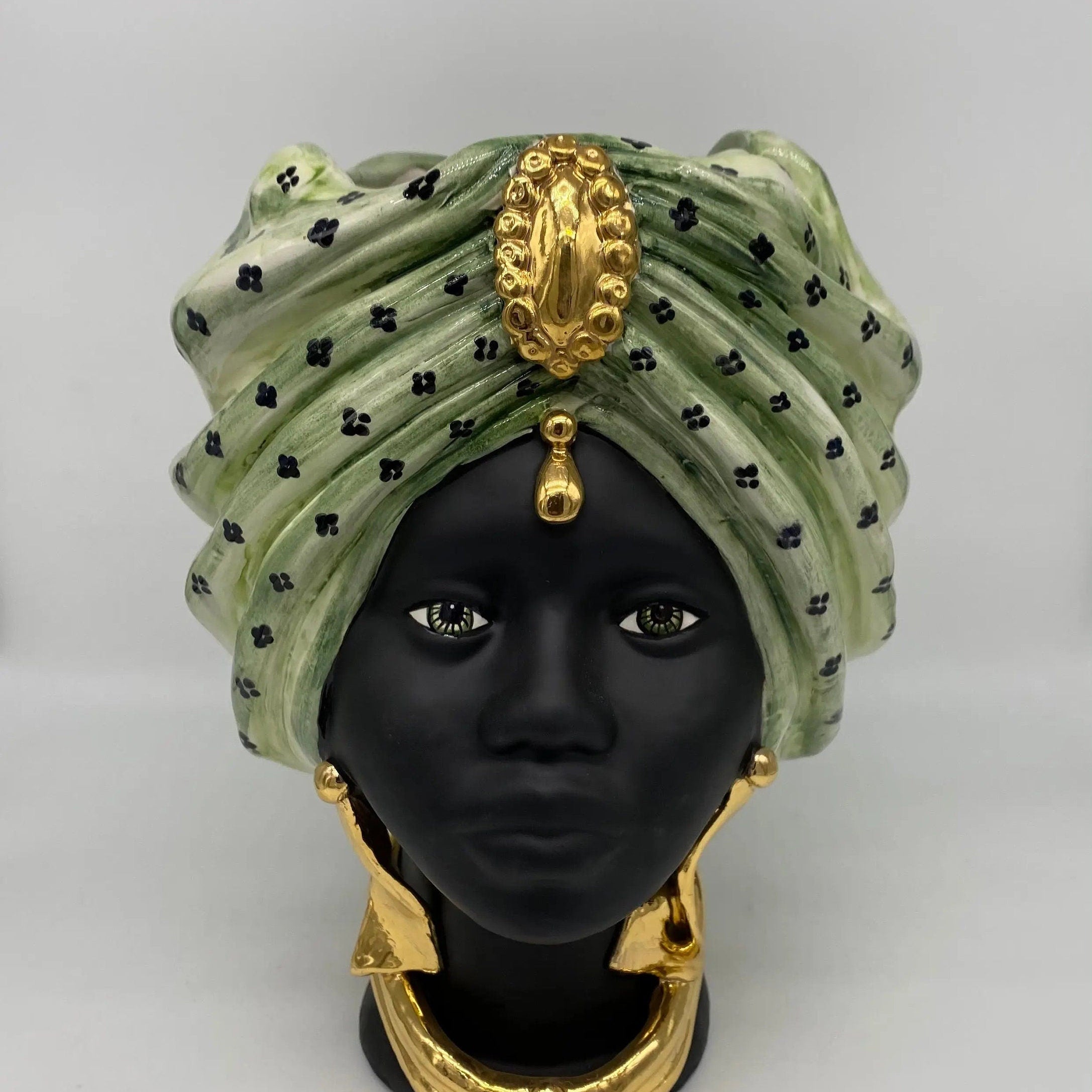 Teste di Moro Atena Ceramica Caltagirone cm H.30 L.23 Artigianale Verde Pois Nero Oro DD CERAMICHE SICILIANE
