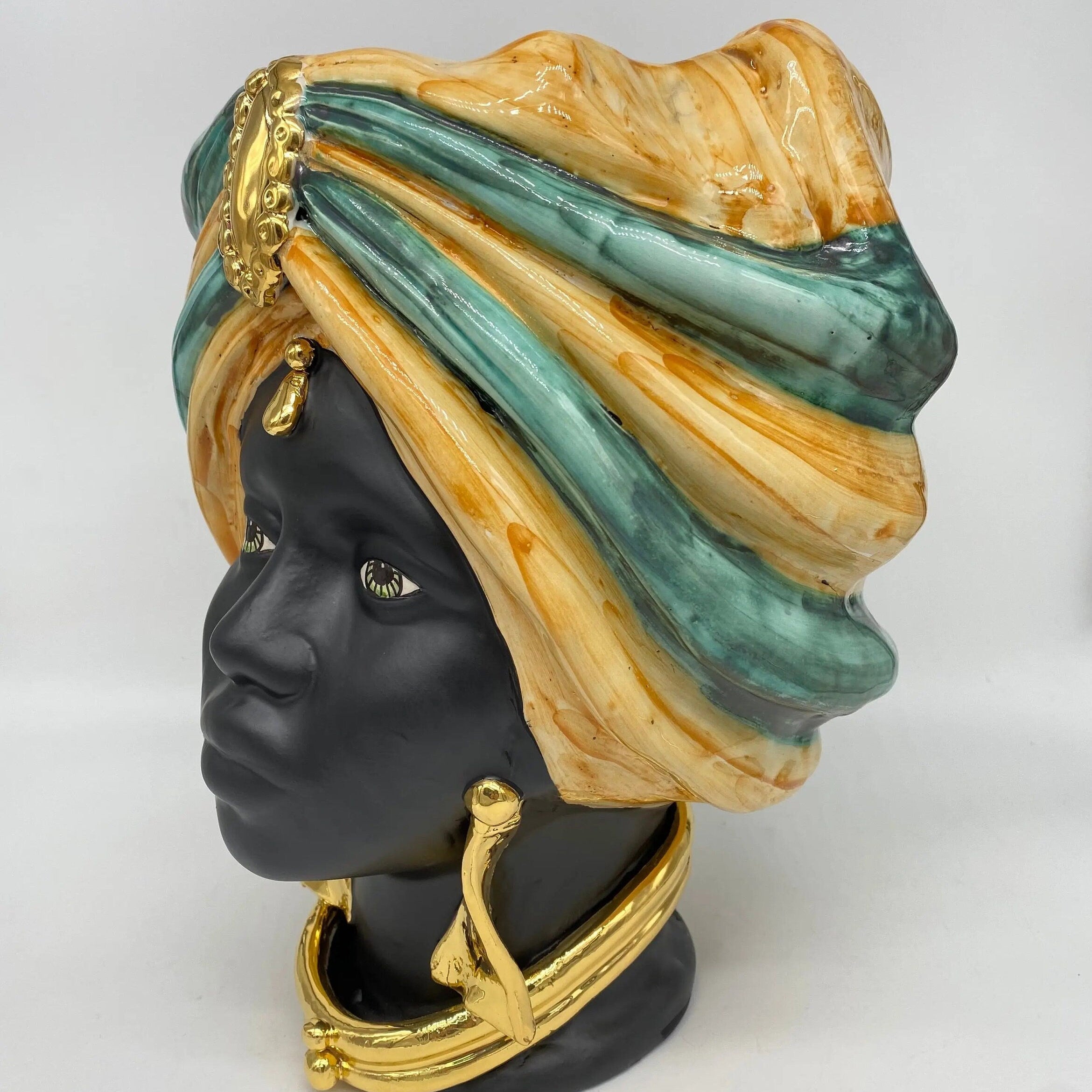 Teste di Moro Atena Ceramica Caltagirone cm H.30 L.23 Artigianale Ocra Verde Nero Oro DD CERAMICHE SICILIANE