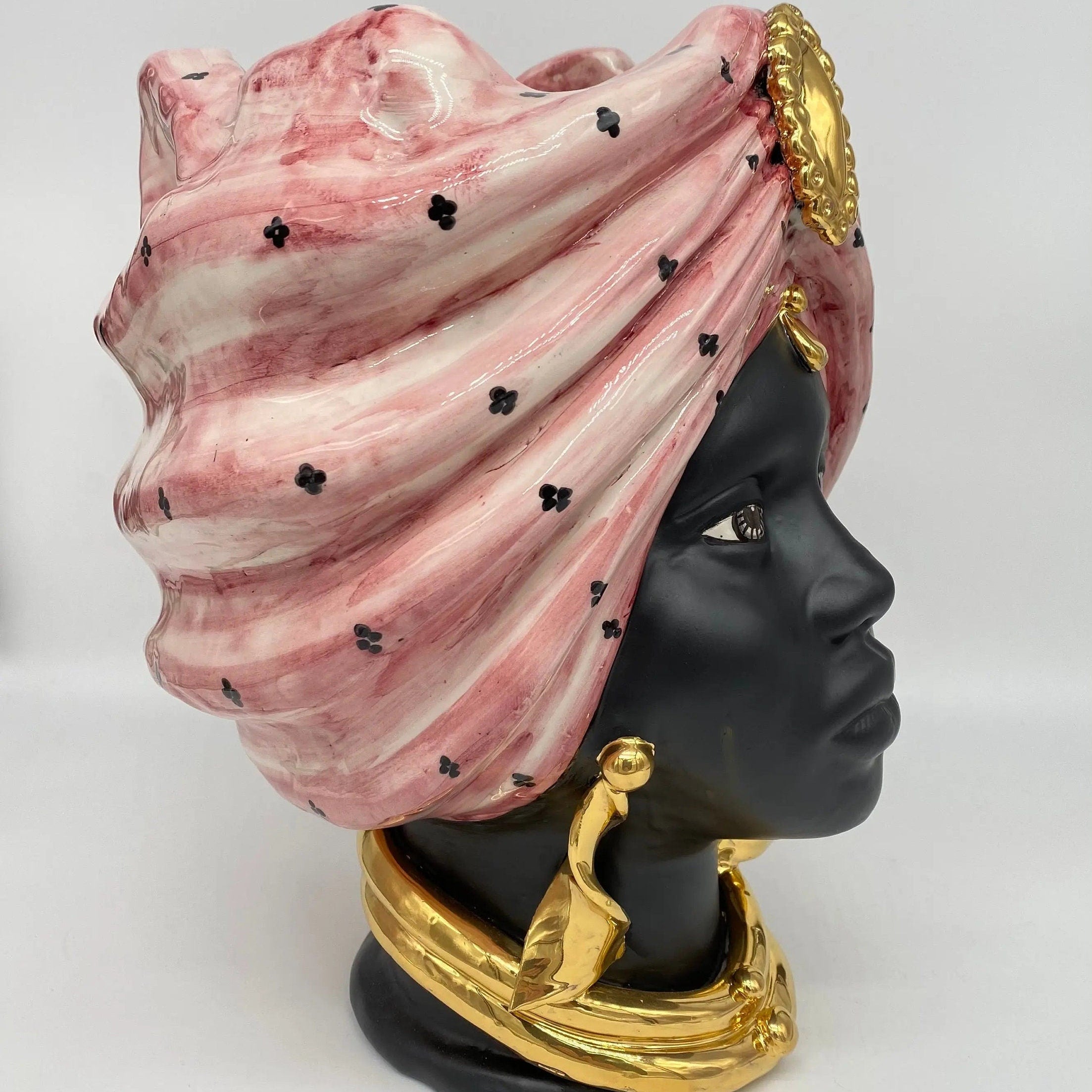 Teste di Moro Atena Ceramica Caltagirone cm H.30 L.23 Artigianale Rosa Pois Nero Oro DD CERAMICHE SICILIANE