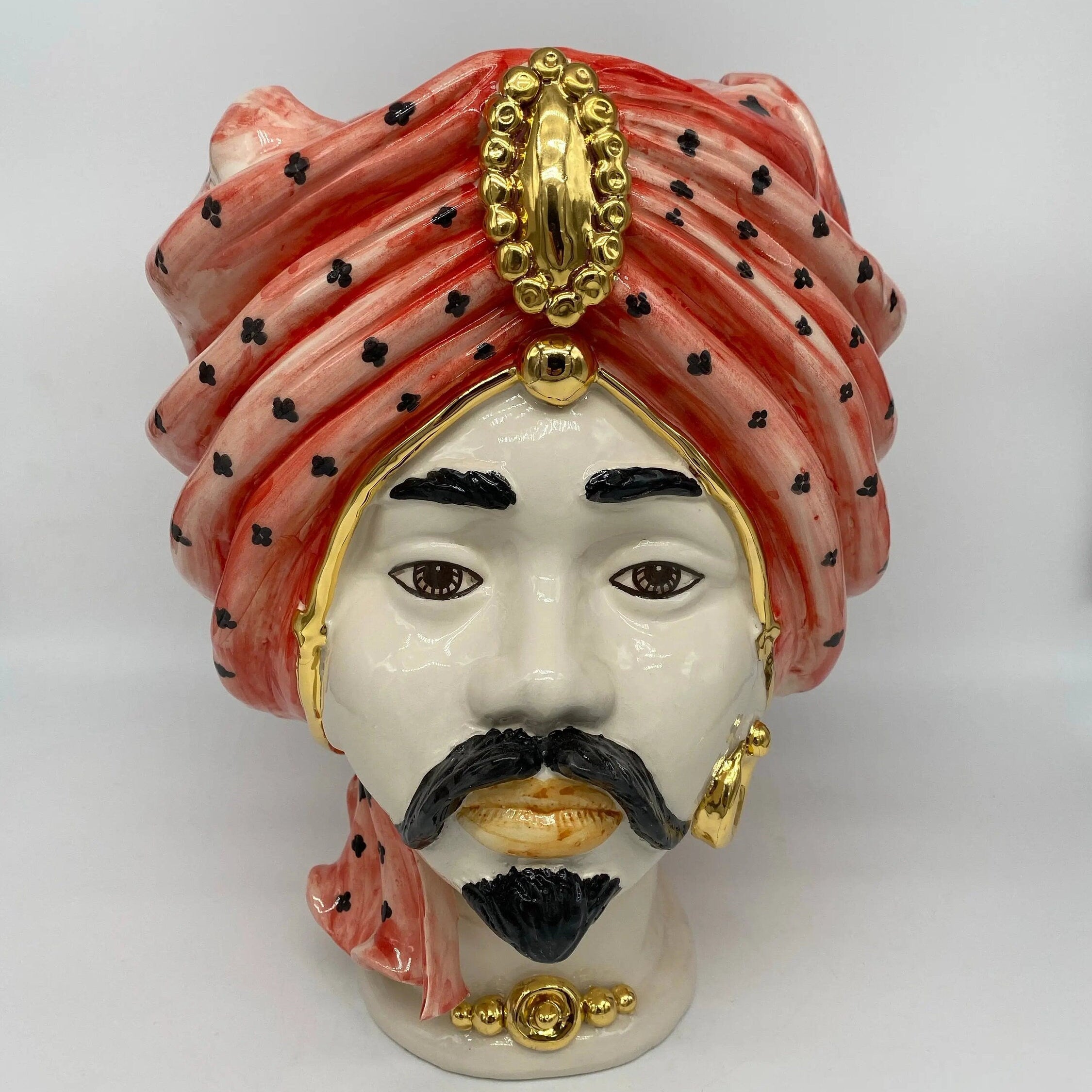 Teste di Moro Atena Ceramica Caltagirone cm H.30 L.23 Artigianale Rosso Pois Oro DD CERAMICHE SICILIANE