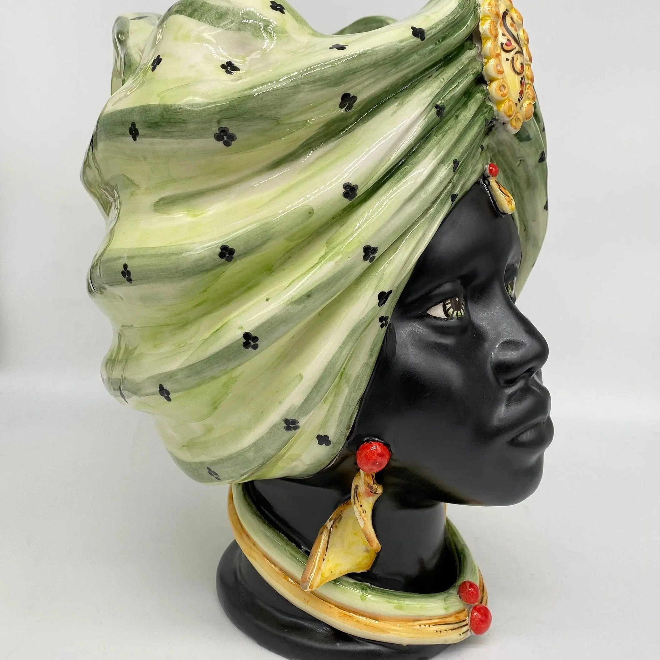Teste di Moro Atena Ceramica Caltagirone cm H.30 L.23 Artigianale Verde Pois Nero Giallo DD CERAMICHE SICILIANE