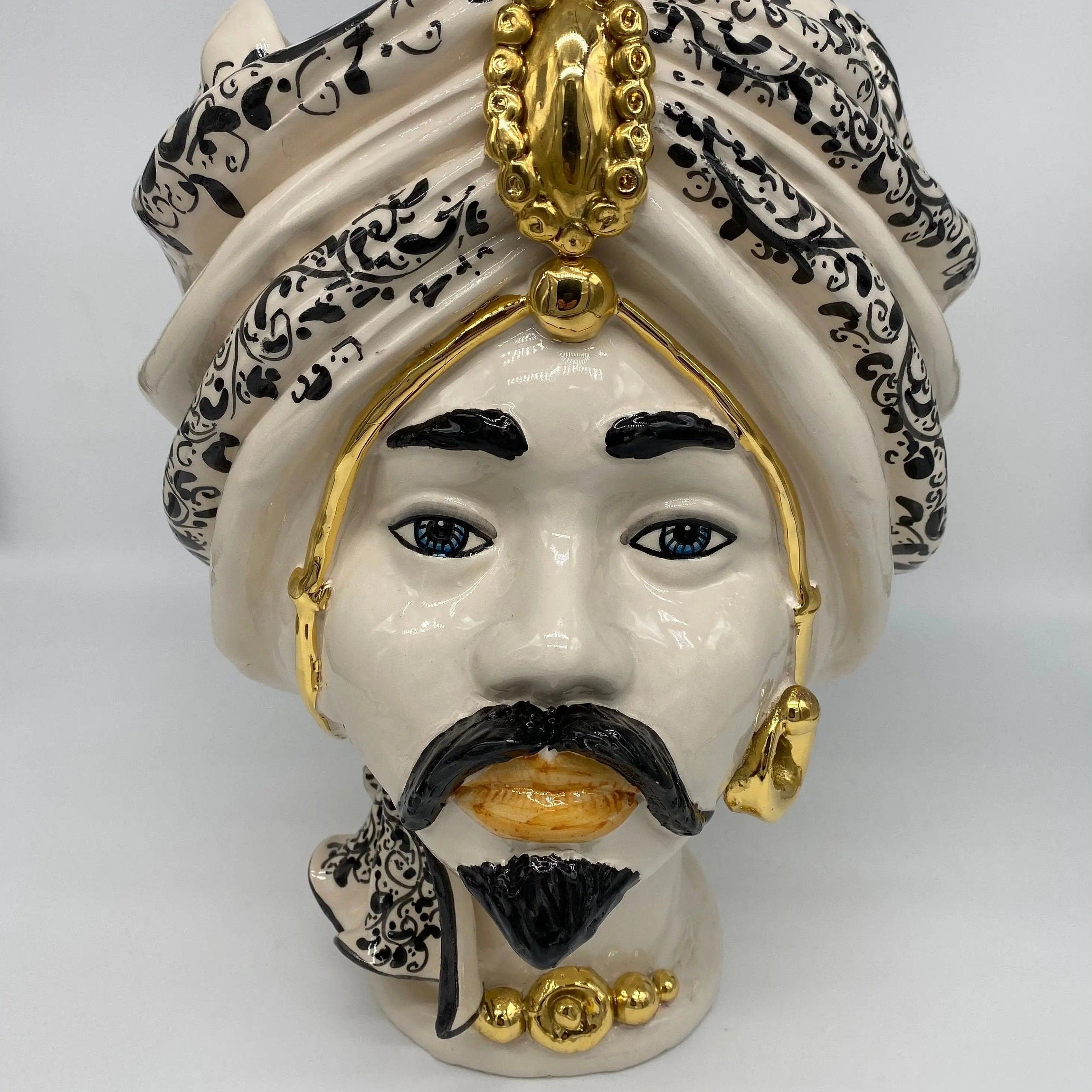 Teste di Moro Atena Ceramica Caltagirone cm H.30 L.23 Artigianale Bianco Decoro Barocco Oro DD CERAMICHE SICILIANE