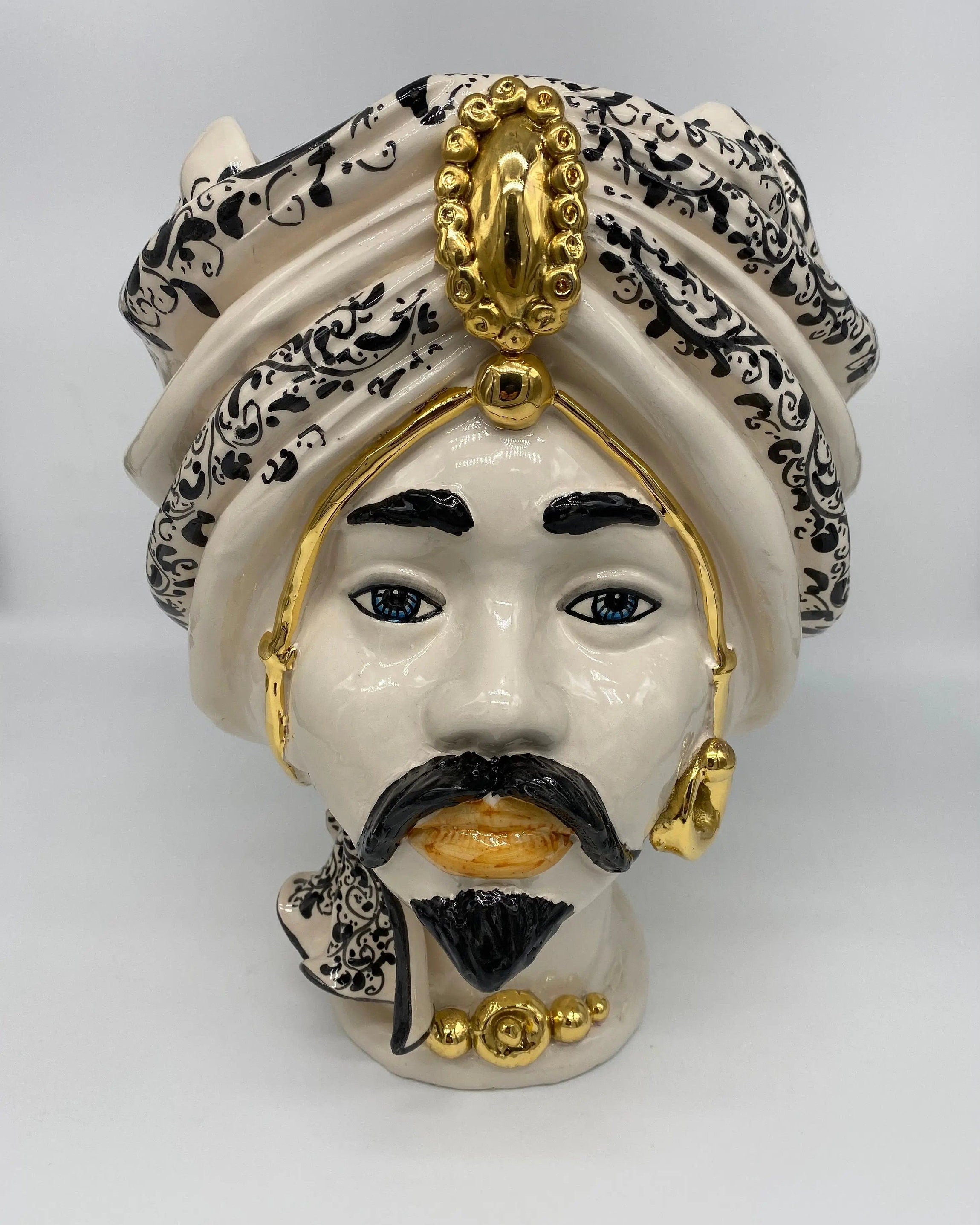 Teste di Moro Atena Ceramica Caltagirone cm H.30 L.23 Artigianale Bianco Decoro Barocco Oro DD CERAMICHE SICILIANE