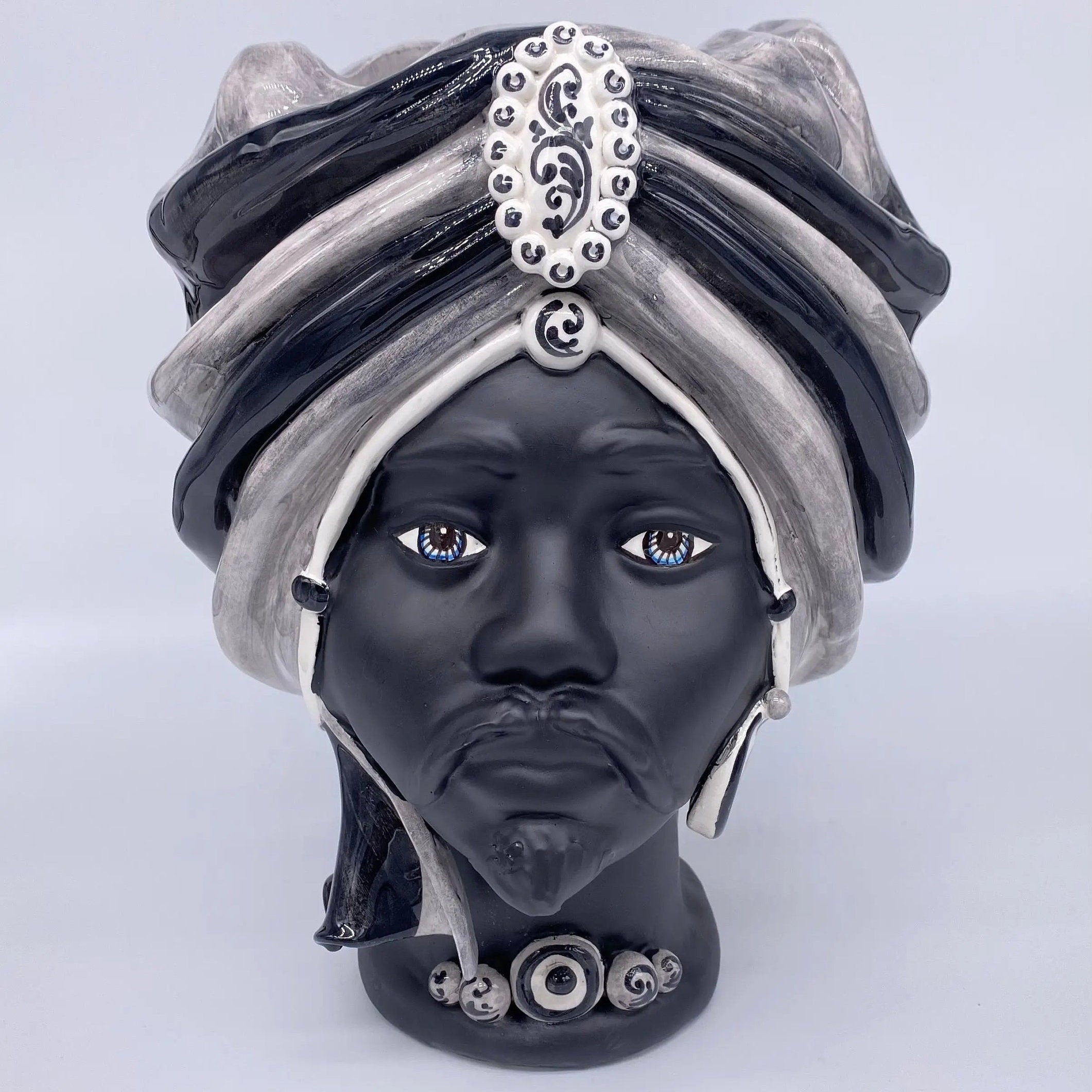 Teste di Moro Atena Ceramica Caltagirone cm H.30 L.23 Artigianale Grigio Nero DD CERAMICHE SICILIANE