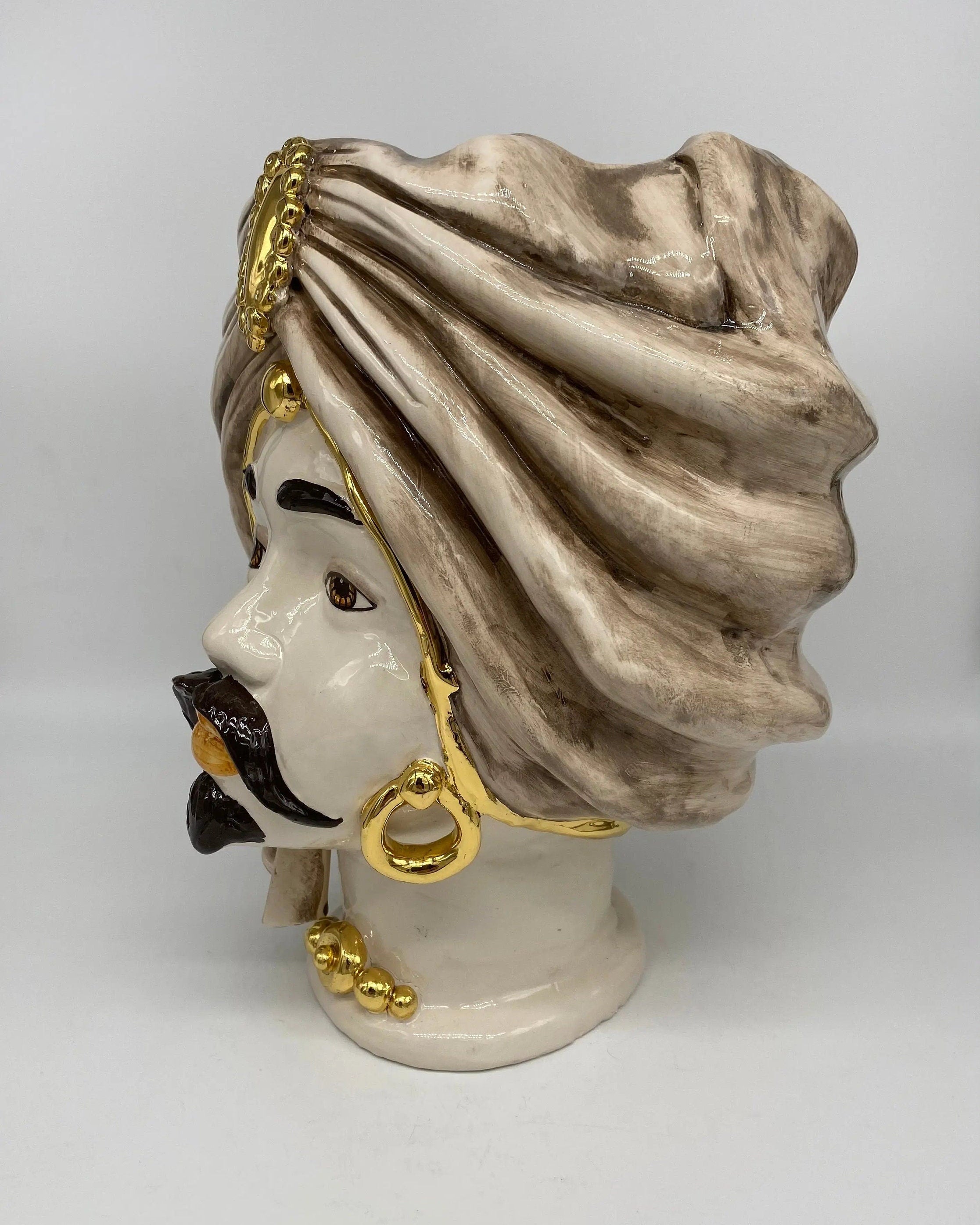 Teste di Moro Atena Ceramica Caltagirone cm H.30 L.23 Artigianale Écru Beige Oro DD CERAMICHE SICILIANE