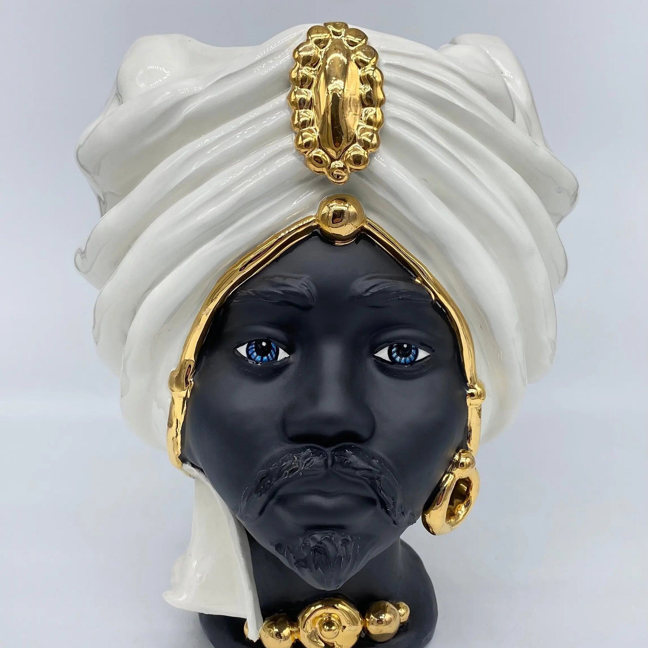 Teste di Moro Atena Ceramica Caltagirone cm H.30 L.23 Artigianale Bianco Nero Oro DD CERAMICHE SICILIANE