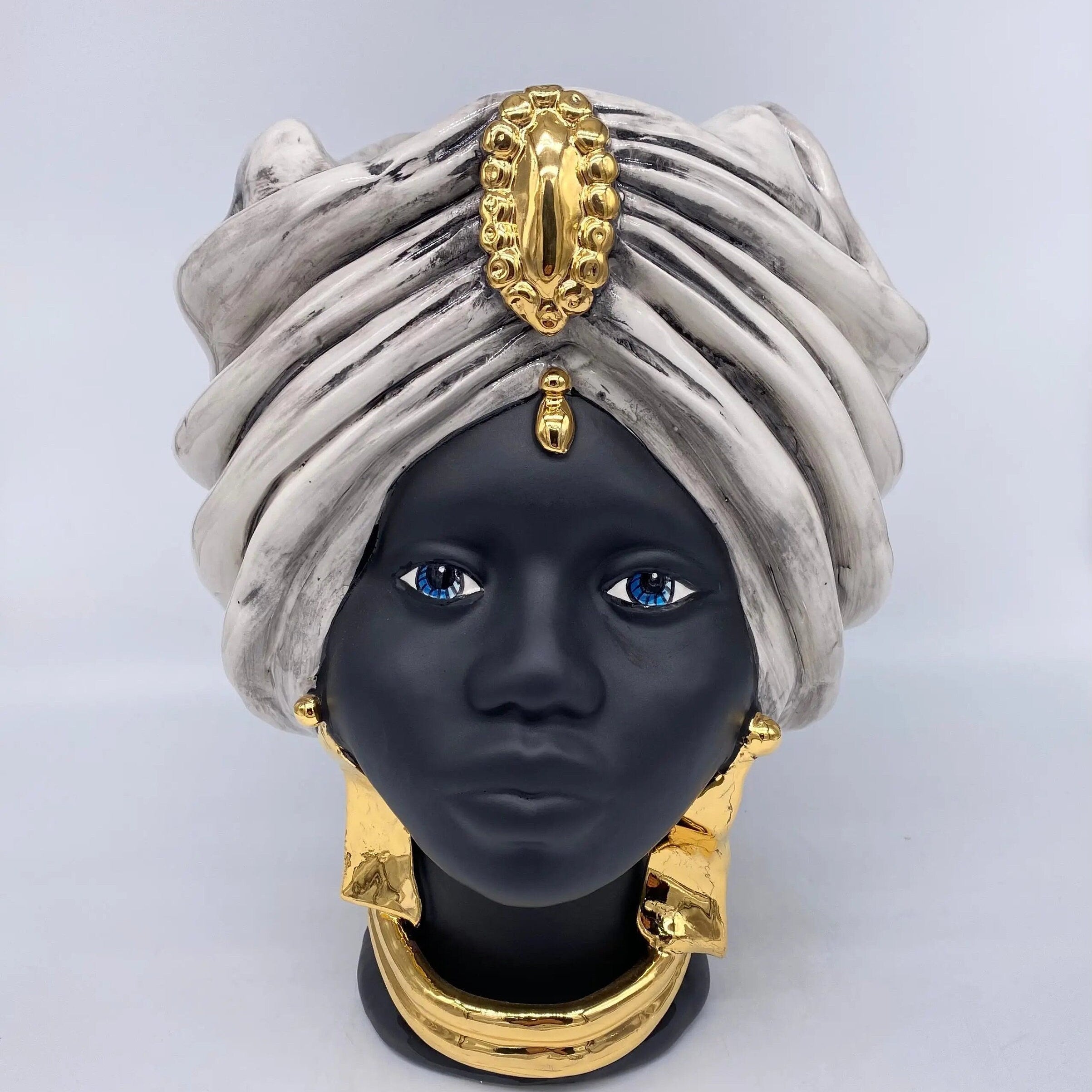 Teste di Moro Atena Ceramica Caltagirone cm H.30 L.23 Artigianale Ghiaccio Nero Oro DD CERAMICHE SICILIANE