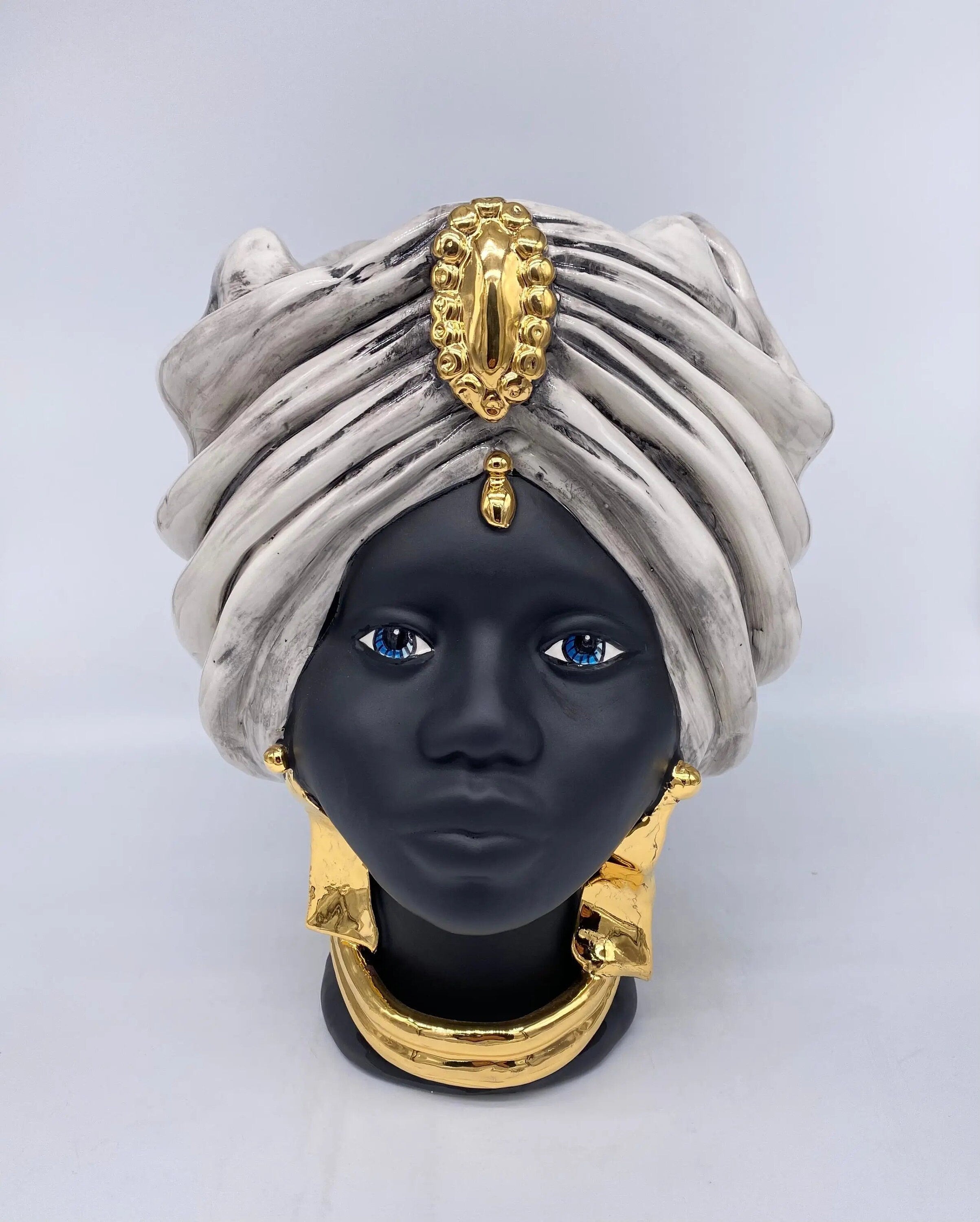 Teste di Moro Atena Ceramica Caltagirone cm H.30 L.23 Artigianale Ghiaccio Nero Oro DD CERAMICHE SICILIANE