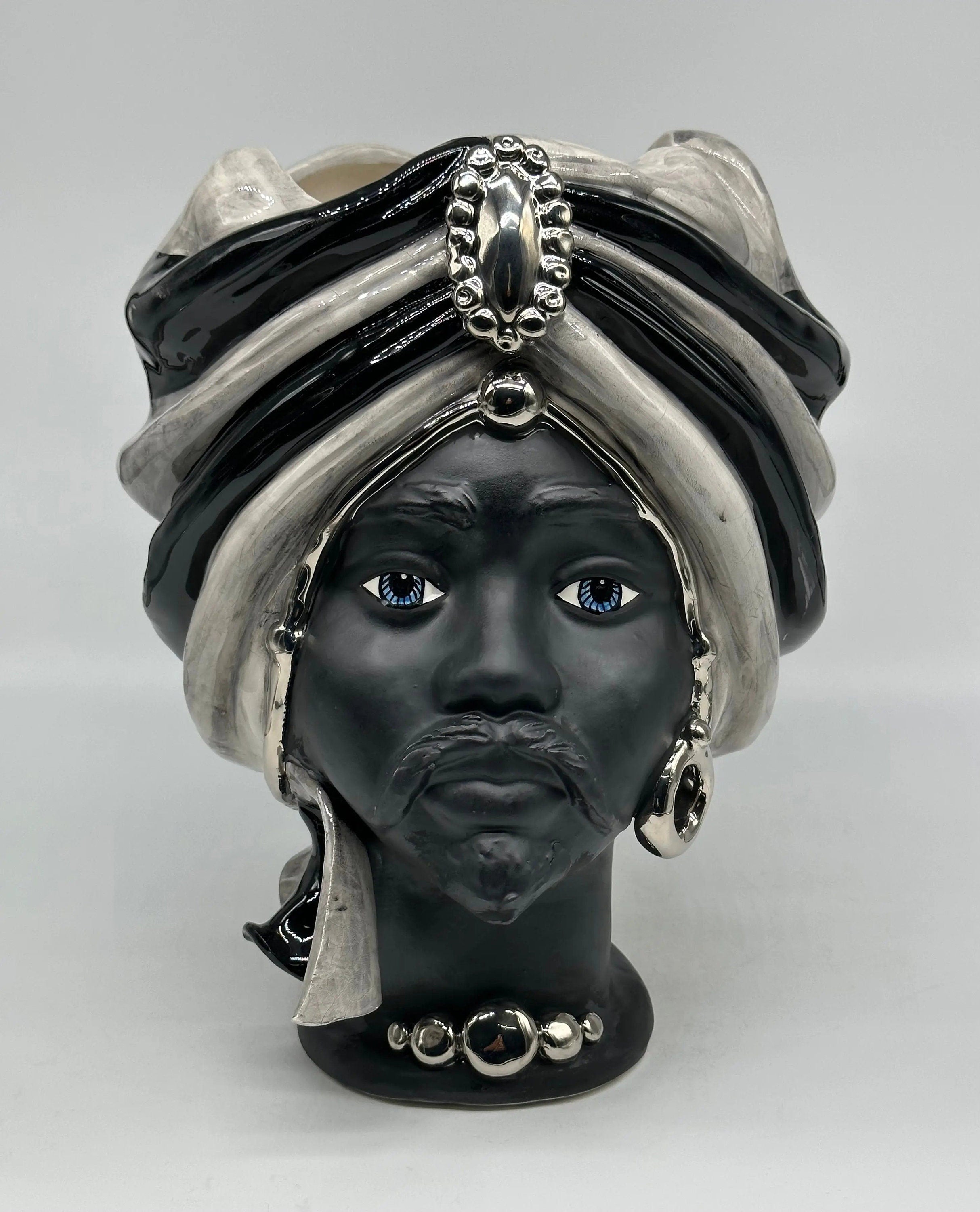 Teste di Moro Atena Ceramica Caltagirone cm H.30 L.23 Artigianale Grigio Nero Platino v.2 DD CERAMICHE SICILIANE