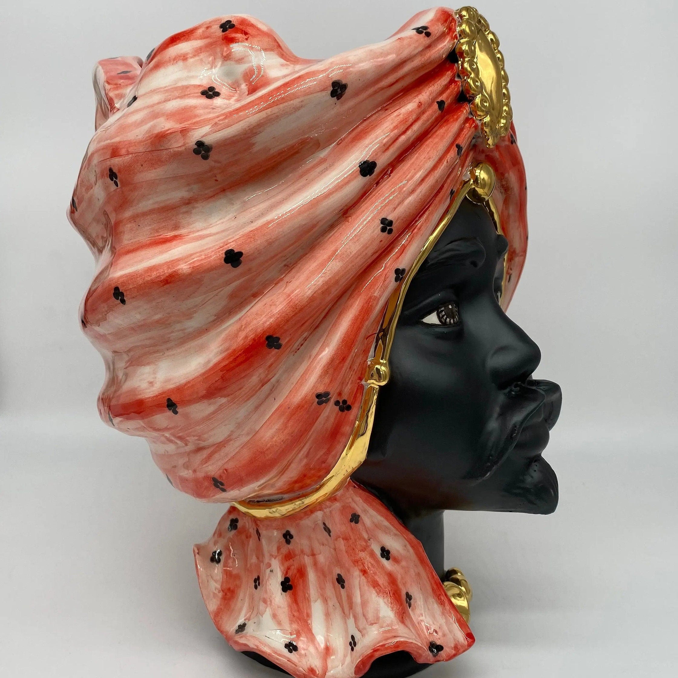 Teste di Moro Atena Ceramica Caltagirone cm H.30 L.23 Artigianale Rosso Pois Nero Oro DD CERAMICHE SICILIANE