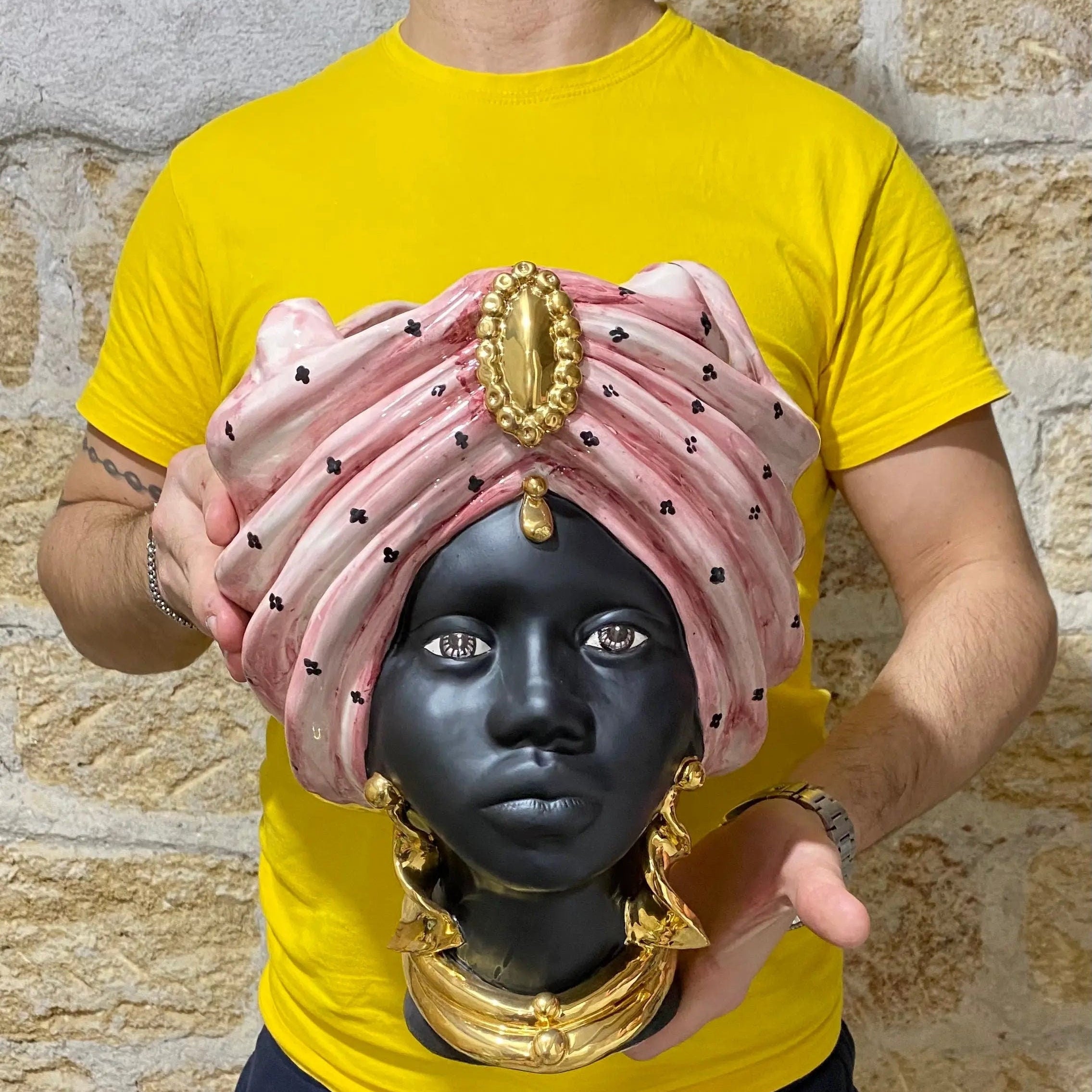 Teste di Moro Atena Ceramica Caltagirone cm H.30 L.23 Artigianale Rosa Pois Nero Oro DD CERAMICHE SICILIANE