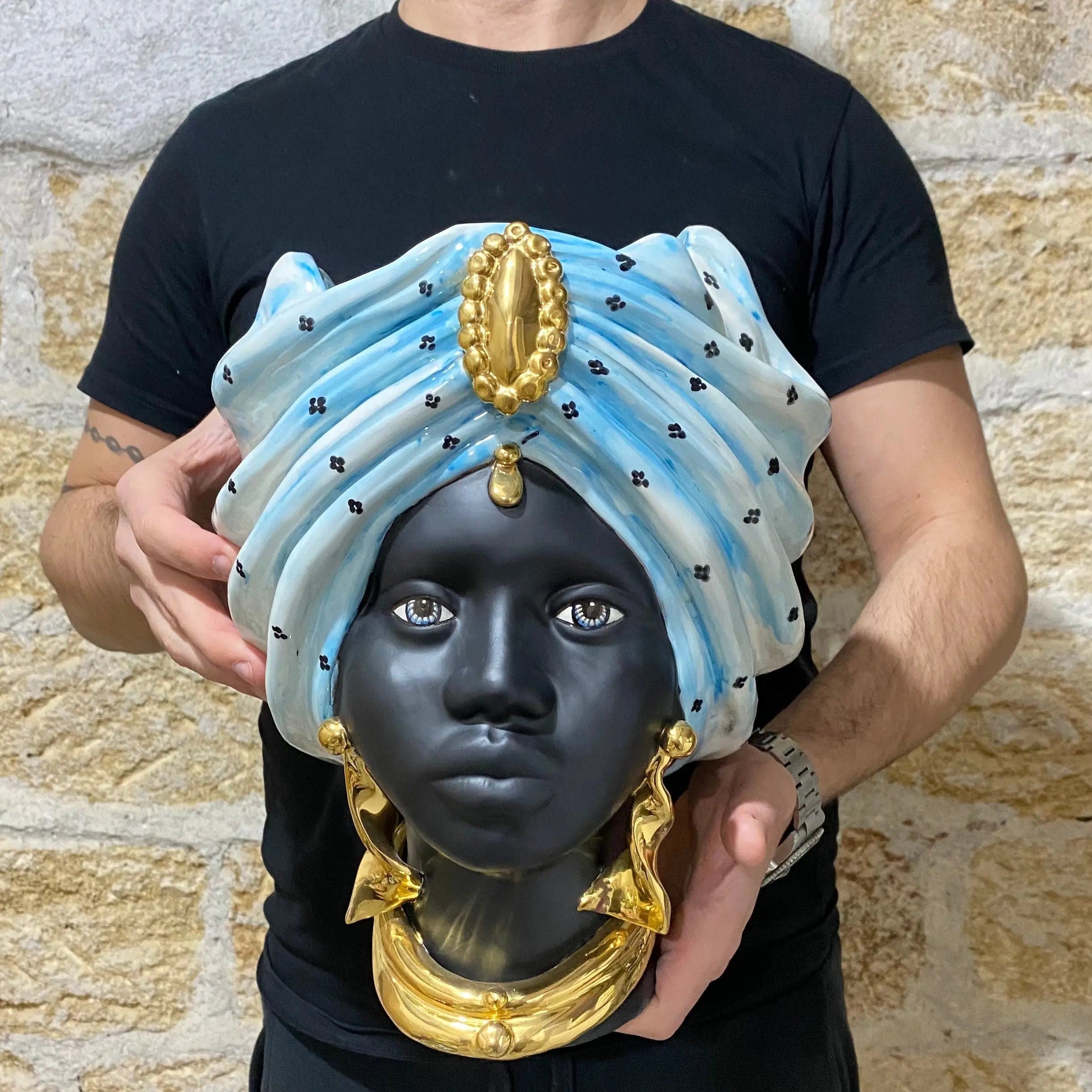 Teste di Moro Atena Ceramica Caltagirone cm H.30 L.23 Artigianale Celeste Pois Nero Oro DD CERAMICHE SICILIANE