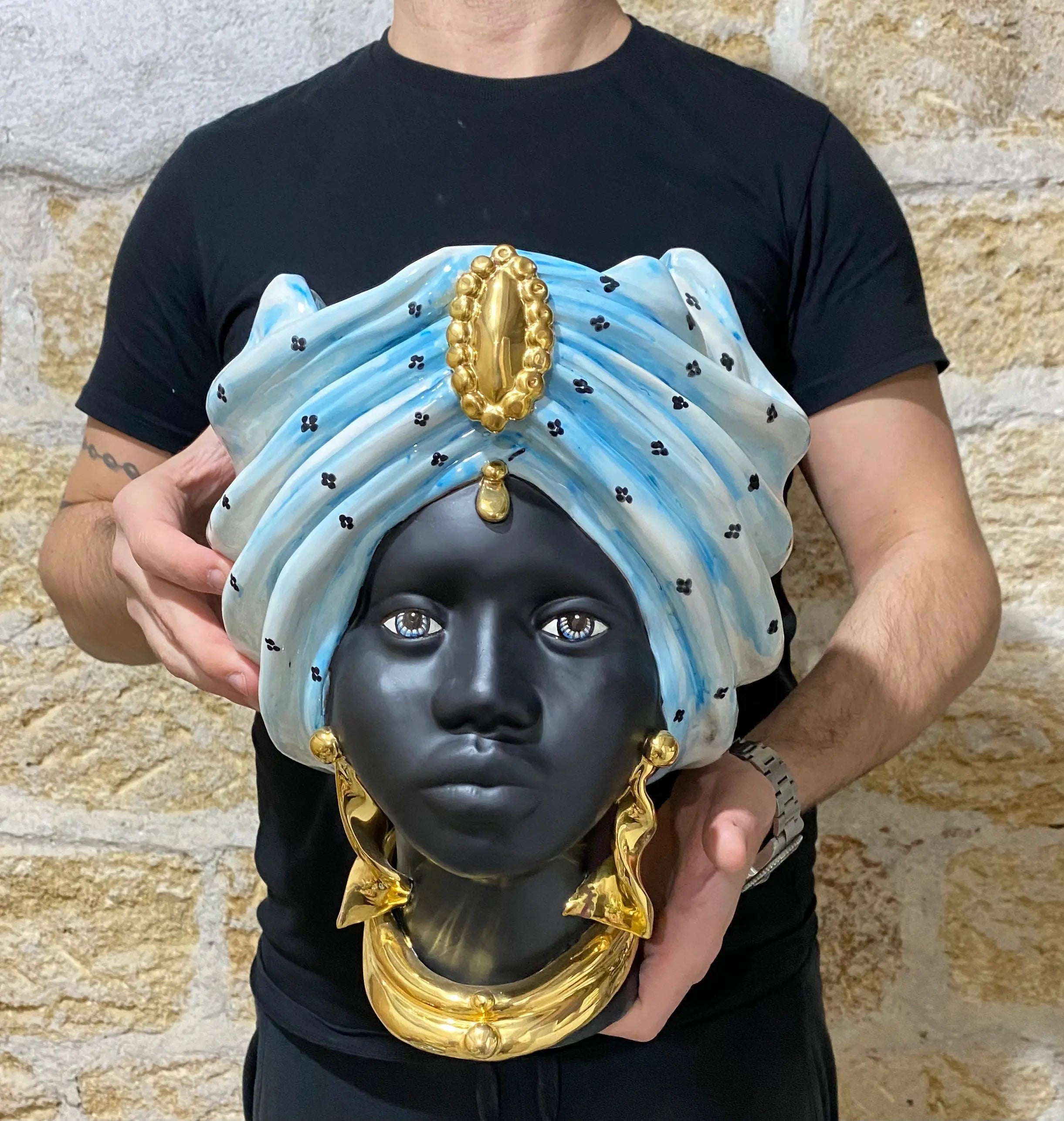 Teste di Moro Atena Ceramica Caltagirone cm H.30 L.23 Artigianale Celeste Pois Nero Oro DD CERAMICHE SICILIANE