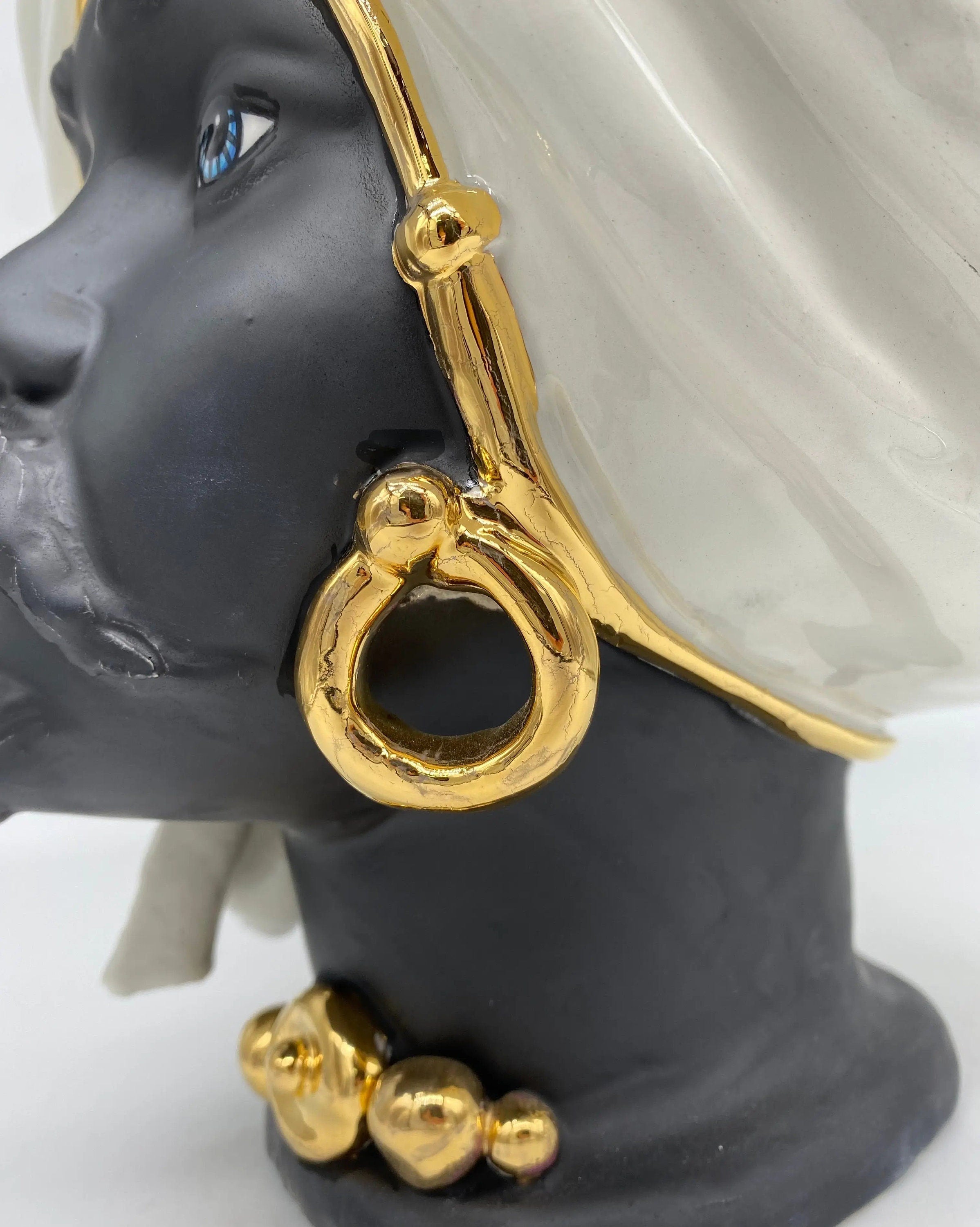 Teste di Moro Atena Ceramica Caltagirone cm H.30 L.23 Artigianale Bianco Nero Oro DD CERAMICHE SICILIANE