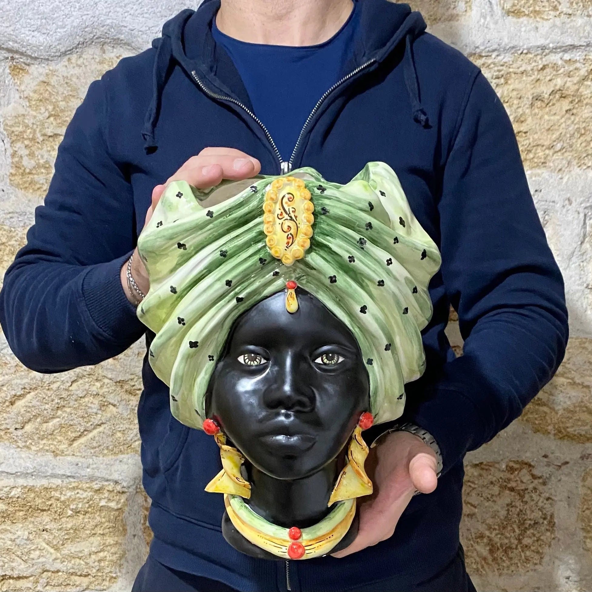 Teste di Moro Atena Ceramica Caltagirone cm H.30 L.23 Artigianale Verde Pois Nero Giallo DD CERAMICHE SICILIANE