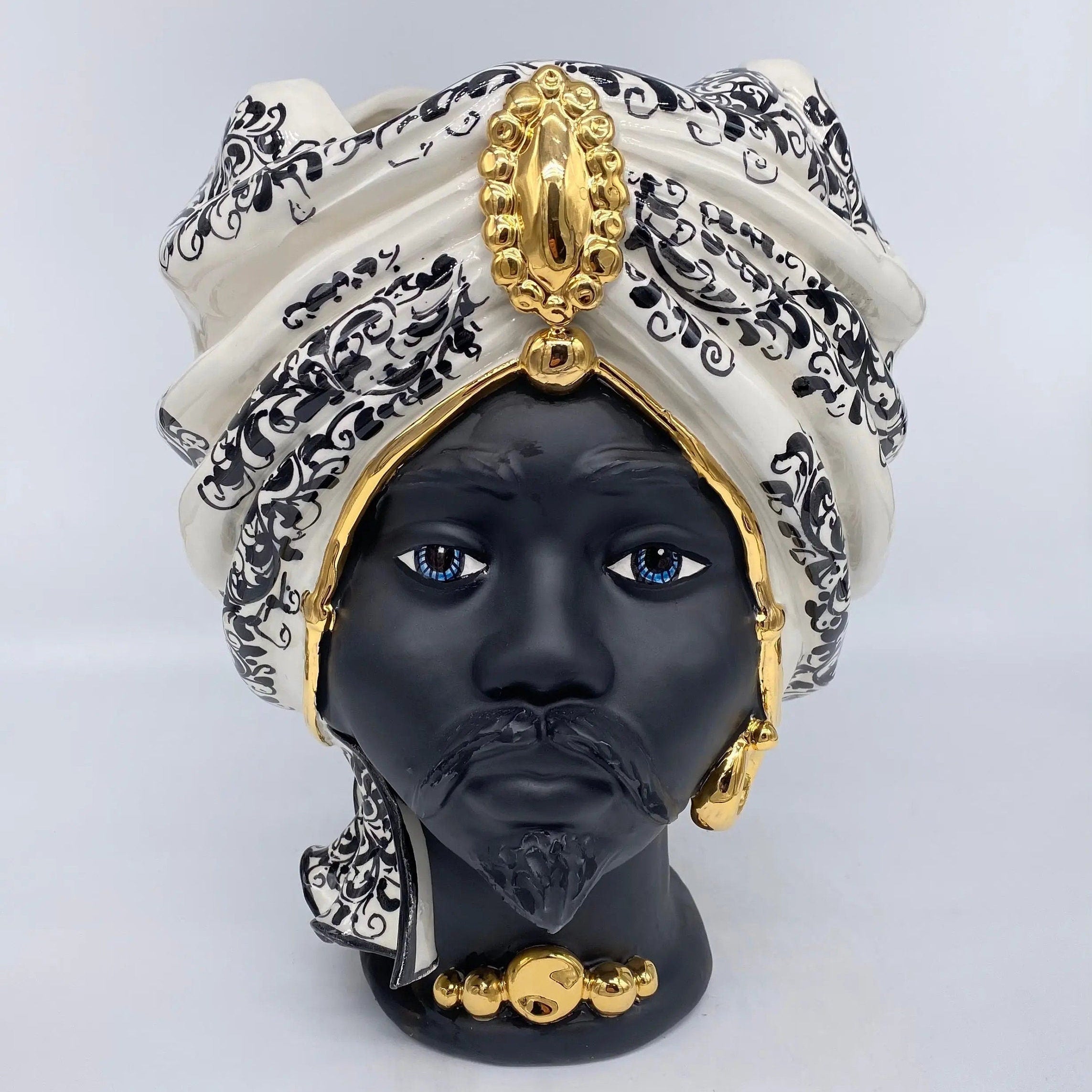 Teste di Moro Atena Ceramica Caltagirone cm H.30 L.23 Artigianale Opaco Bianco Barocco Oro DD CERAMICHE SICILIANE