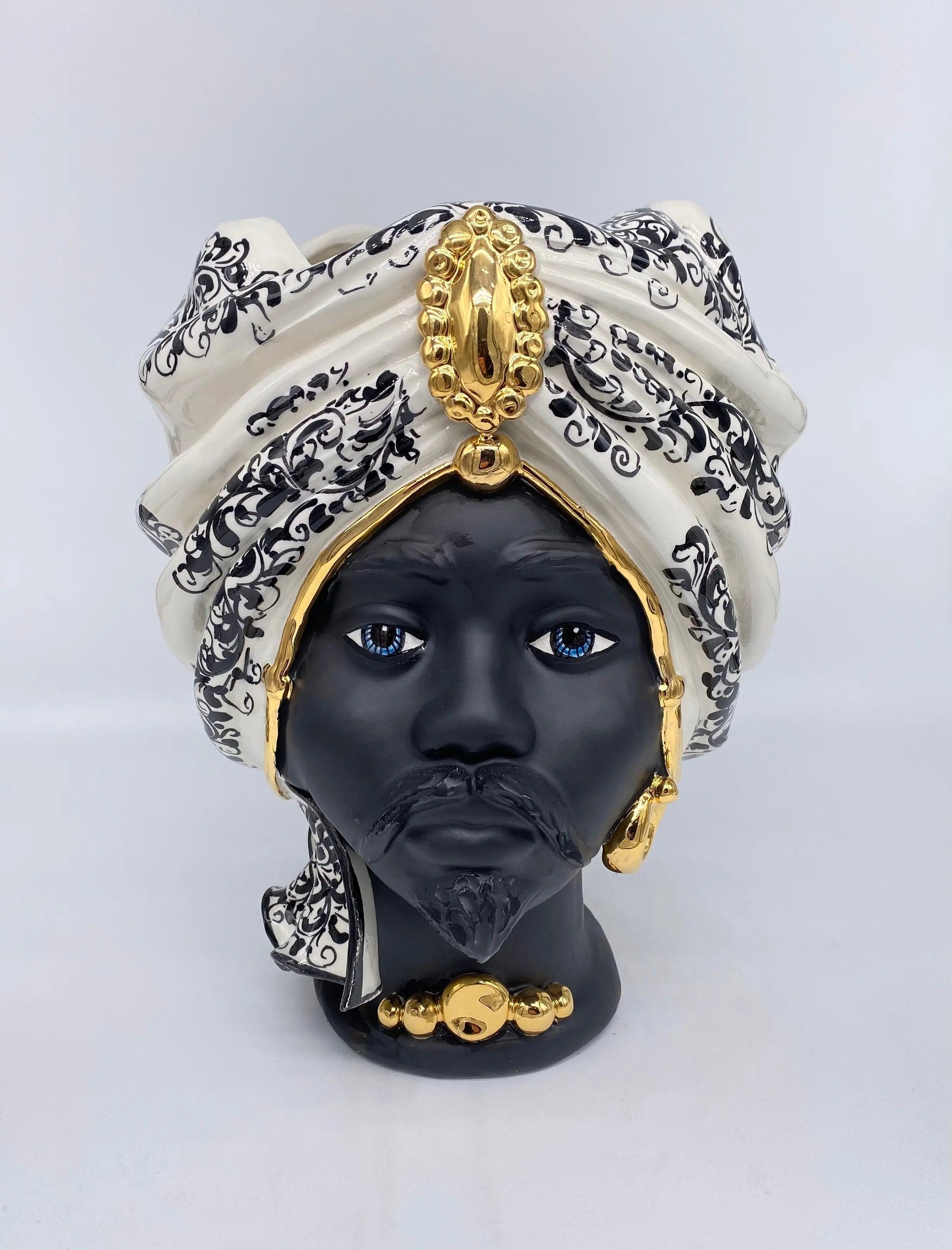 Teste di Moro Atena Ceramica Caltagirone cm H.30 L.23 Artigianale Opaco Bianco Barocco Oro DD CERAMICHE SICILIANE