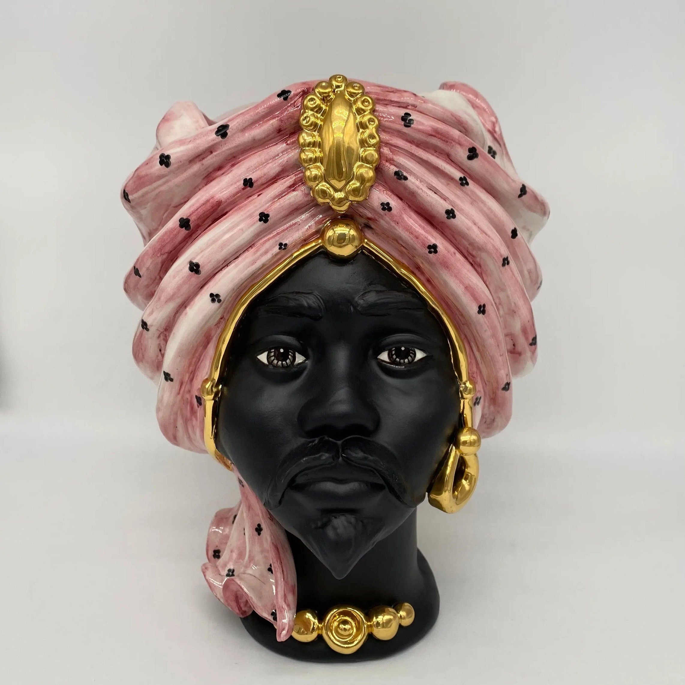 Teste di Moro Atena Ceramica Caltagirone cm H.30 L.23 Artigianale Rosa Pois Nero Oro DD CERAMICHE SICILIANE