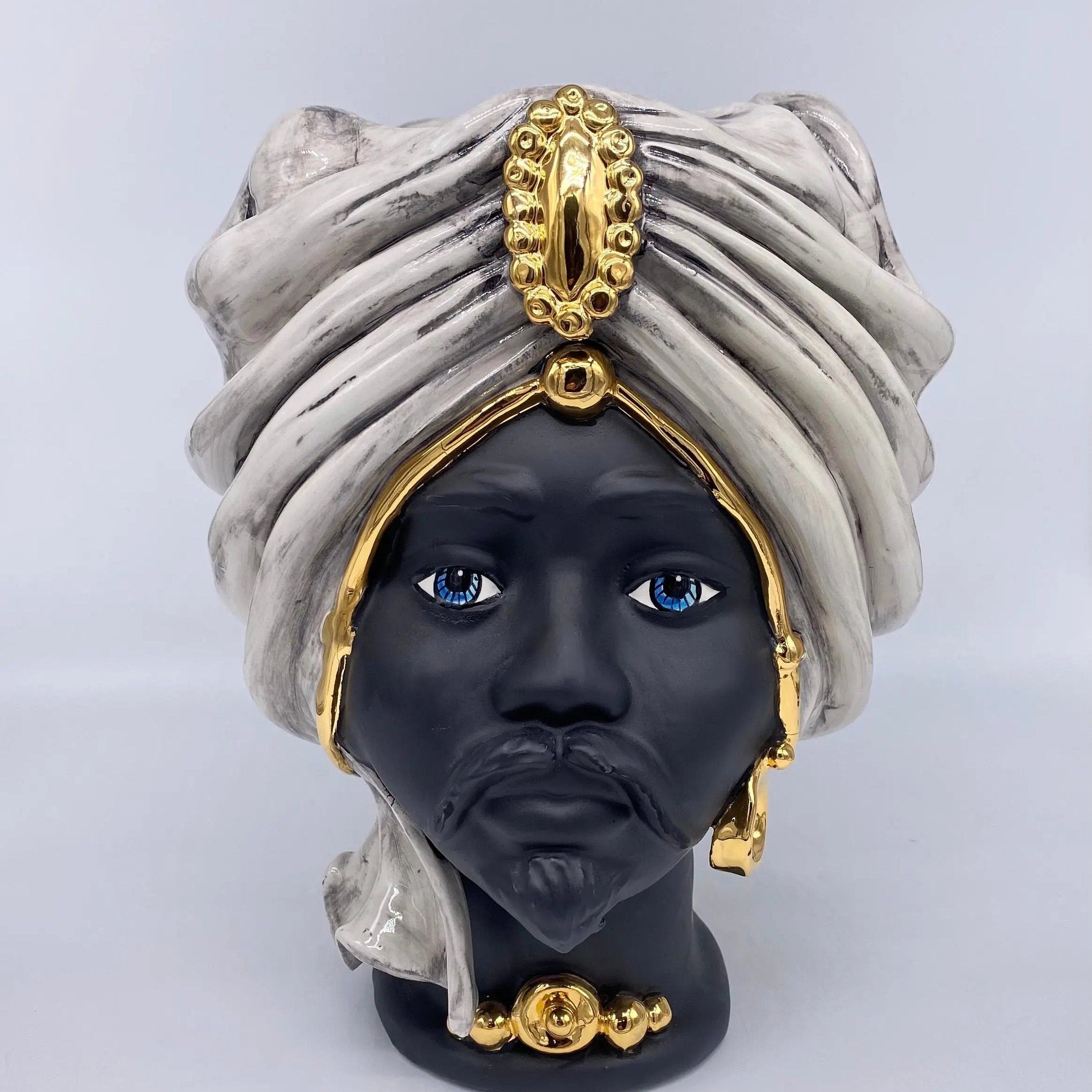 Teste di Moro Atena Ceramica Caltagirone cm H.30 L.23 Artigianale Ghiaccio Nero Oro DD CERAMICHE SICILIANE