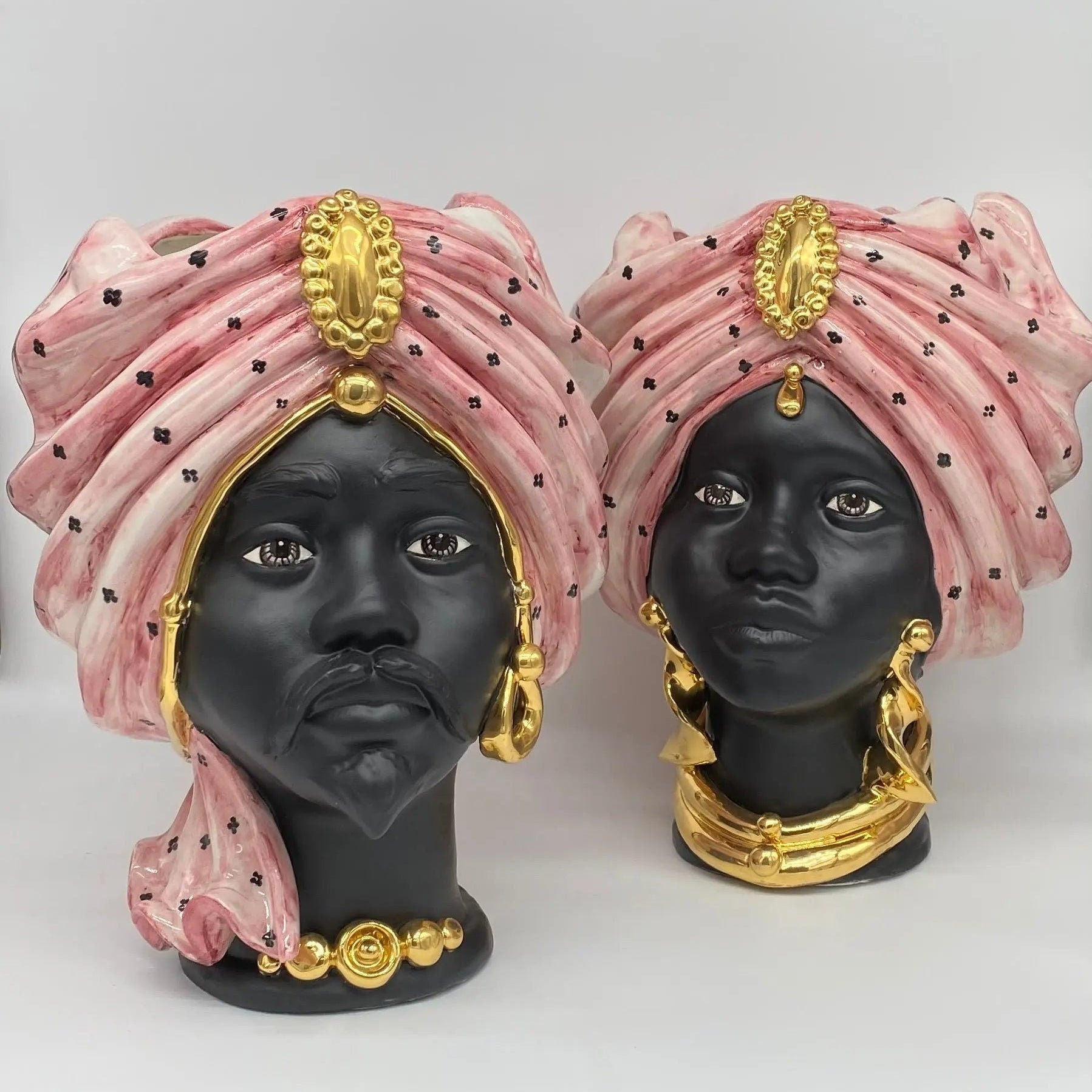 Teste di Moro Atena Ceramica Caltagirone cm H.30 L.23 Artigianale Rosa Pois Nero Oro DD CERAMICHE SICILIANE