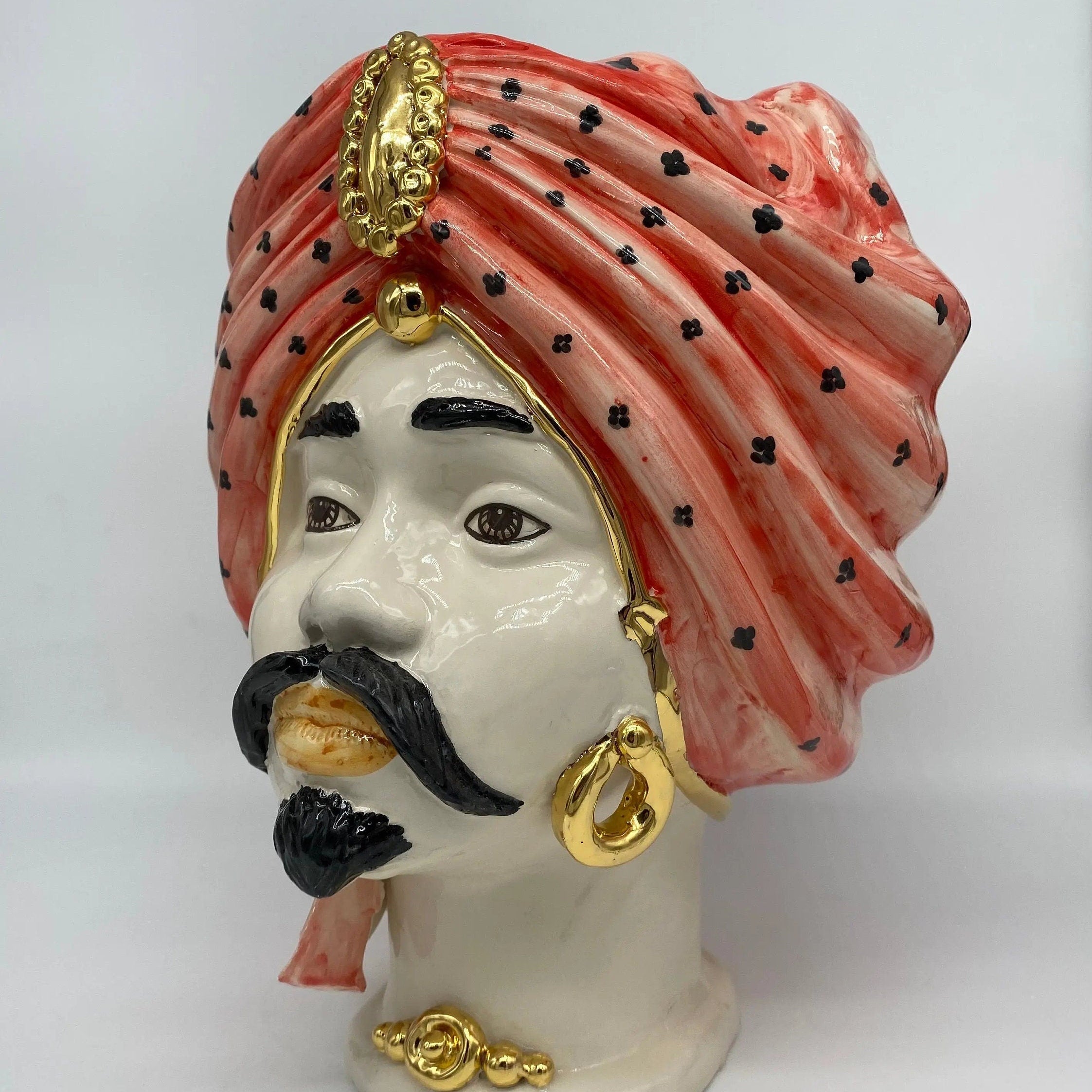 Teste di Moro Atena Ceramica Caltagirone cm H.30 L.23 Artigianale Rosso Pois Oro DD CERAMICHE SICILIANE