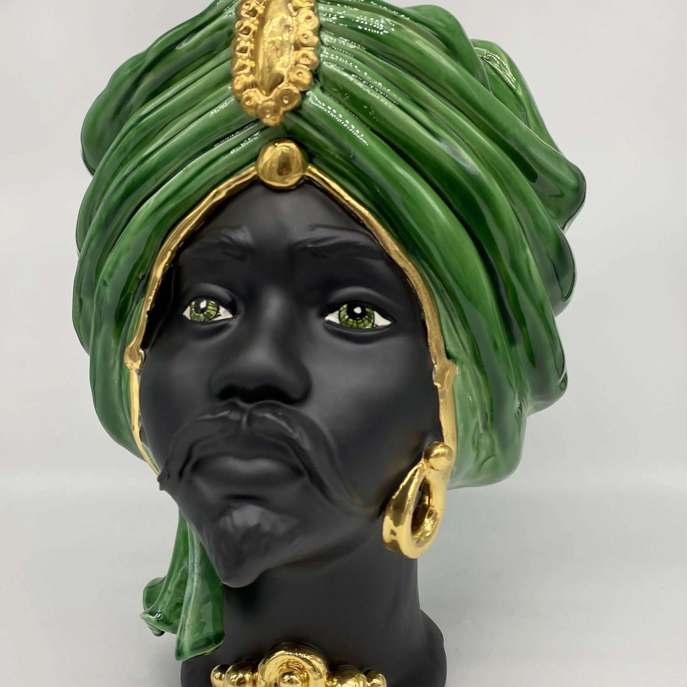 Teste di Moro Atena Ceramica Caltagirone cm H.30 L.23 Artigianale Verde Cristallo Nero Oro DD CERAMICHE SICILIANE