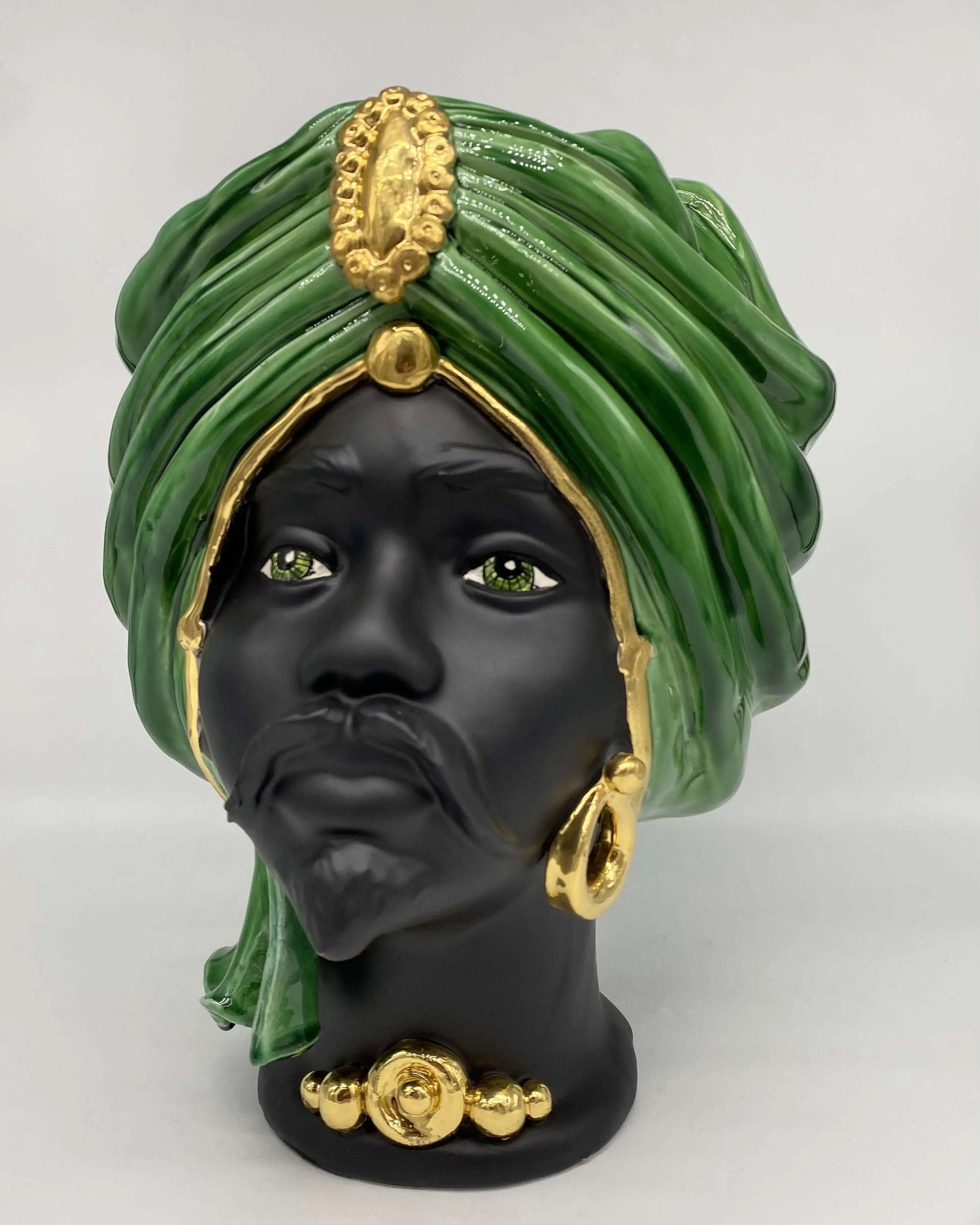Teste di Moro Atena Ceramica Caltagirone cm H.30 L.23 Artigianale Verde Cristallo Nero Oro DD CERAMICHE SICILIANE