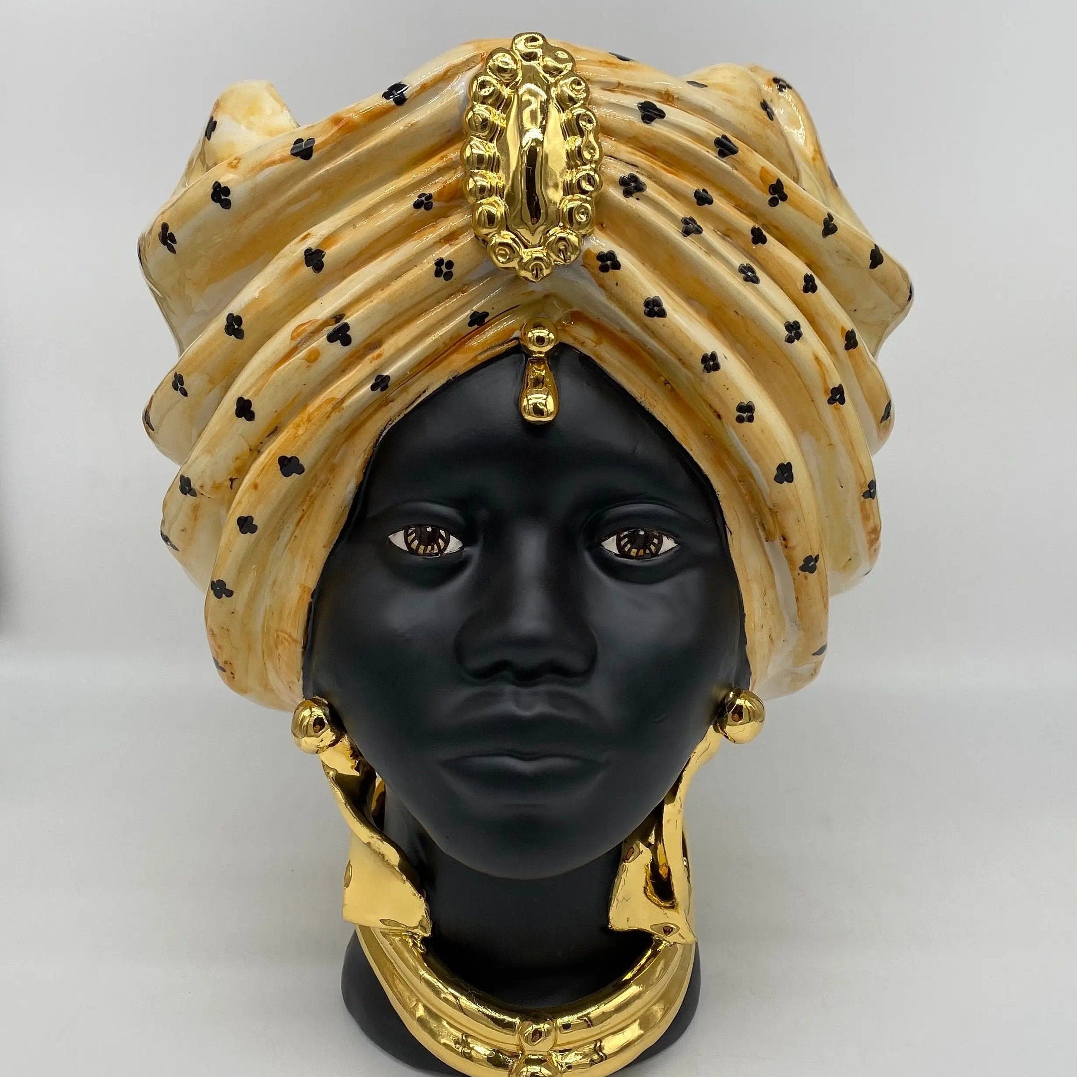 Teste di Moro Atena Ceramica Caltagirone cm H.30 L.23 Artigianale Arancio Pois Nero Oro DD CERAMICHE SICILIANE