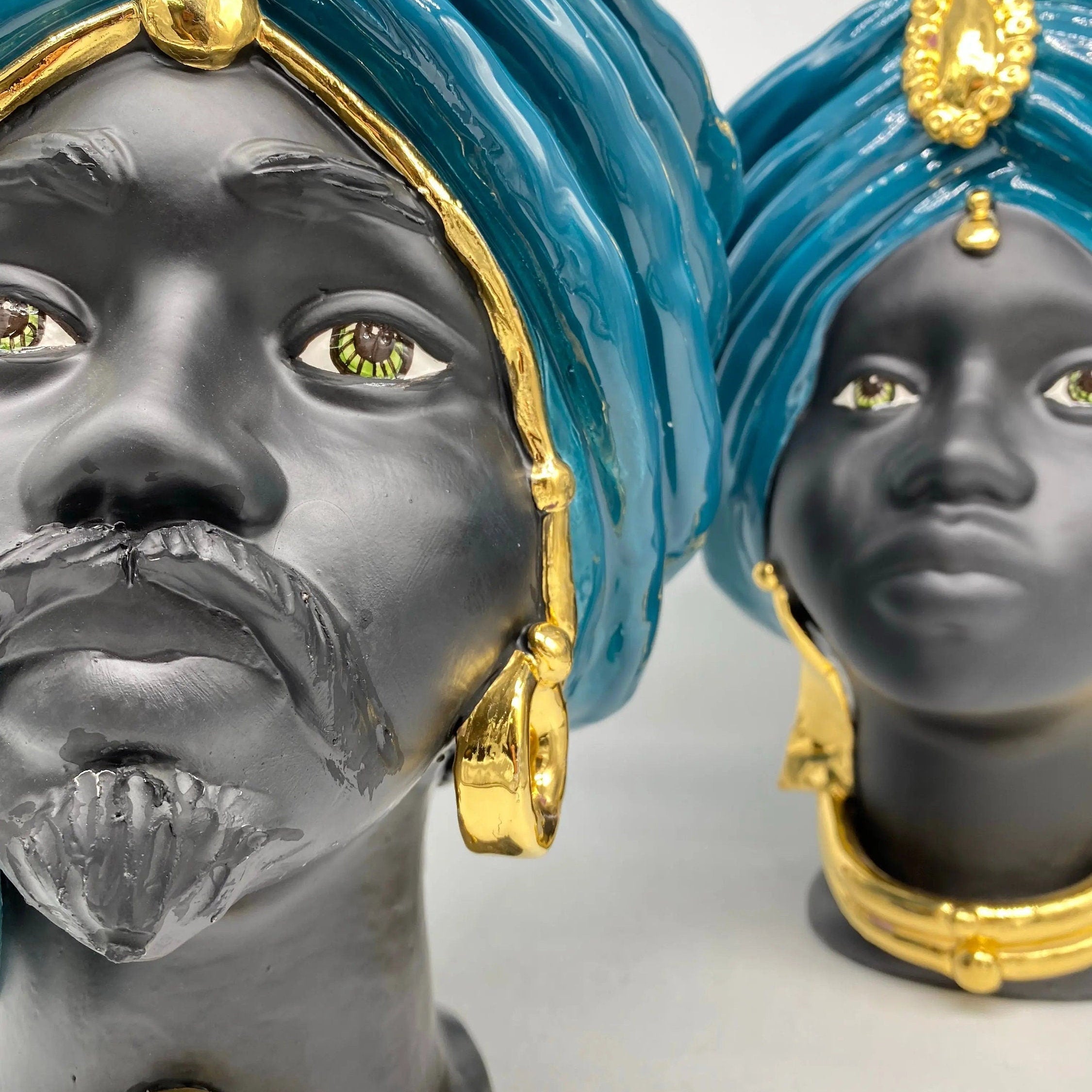 Teste di Moro Atena Ceramica Caltagirone cm H.30 L.23 Artigianale Verde Ottanio Nero Oro DD CERAMICHE SICILIANE