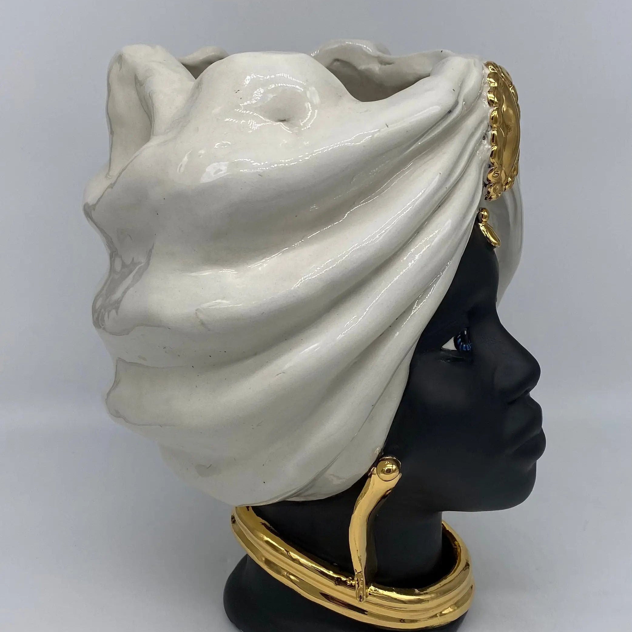 Teste di Moro Atena Ceramica Caltagirone cm H.30 L.23 Artigianale Bianco Nero Oro DD CERAMICHE SICILIANE