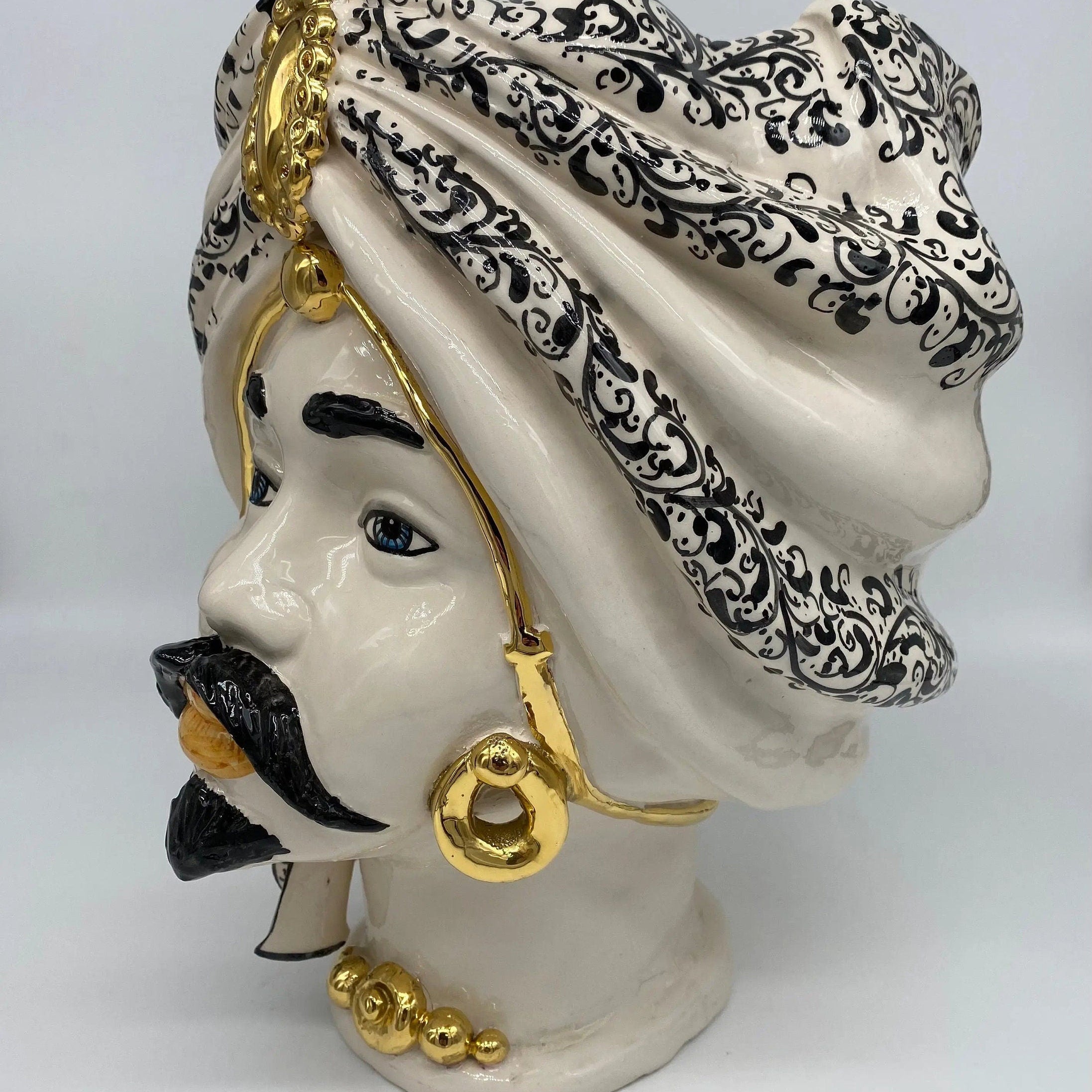 Teste di Moro Atena Ceramica Caltagirone cm H.30 L.23 Artigianale Bianco Decoro Barocco Oro DD CERAMICHE SICILIANE