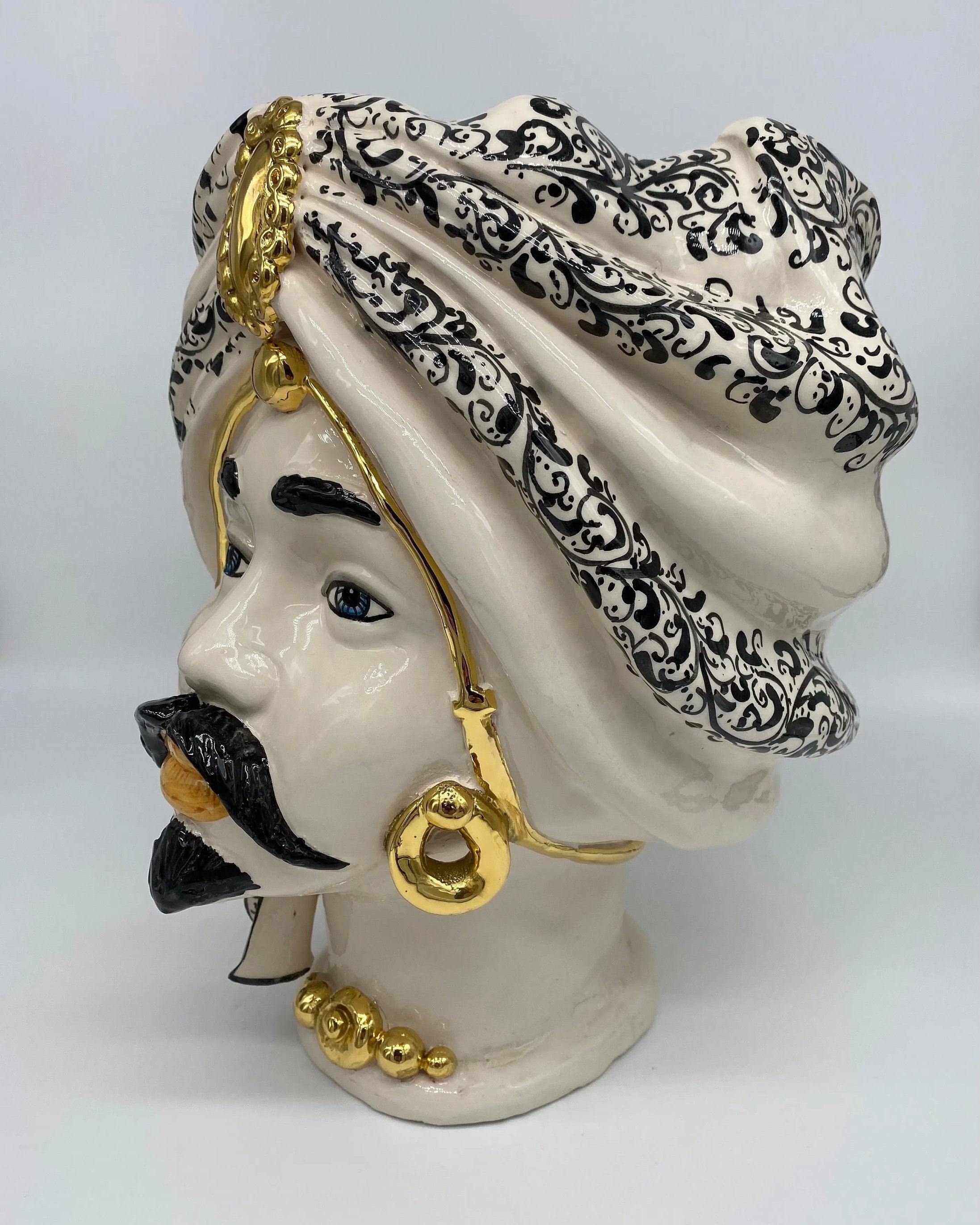 Teste di Moro Atena Ceramica Caltagirone cm H.30 L.23 Artigianale Bianco Decoro Barocco Oro DD CERAMICHE SICILIANE