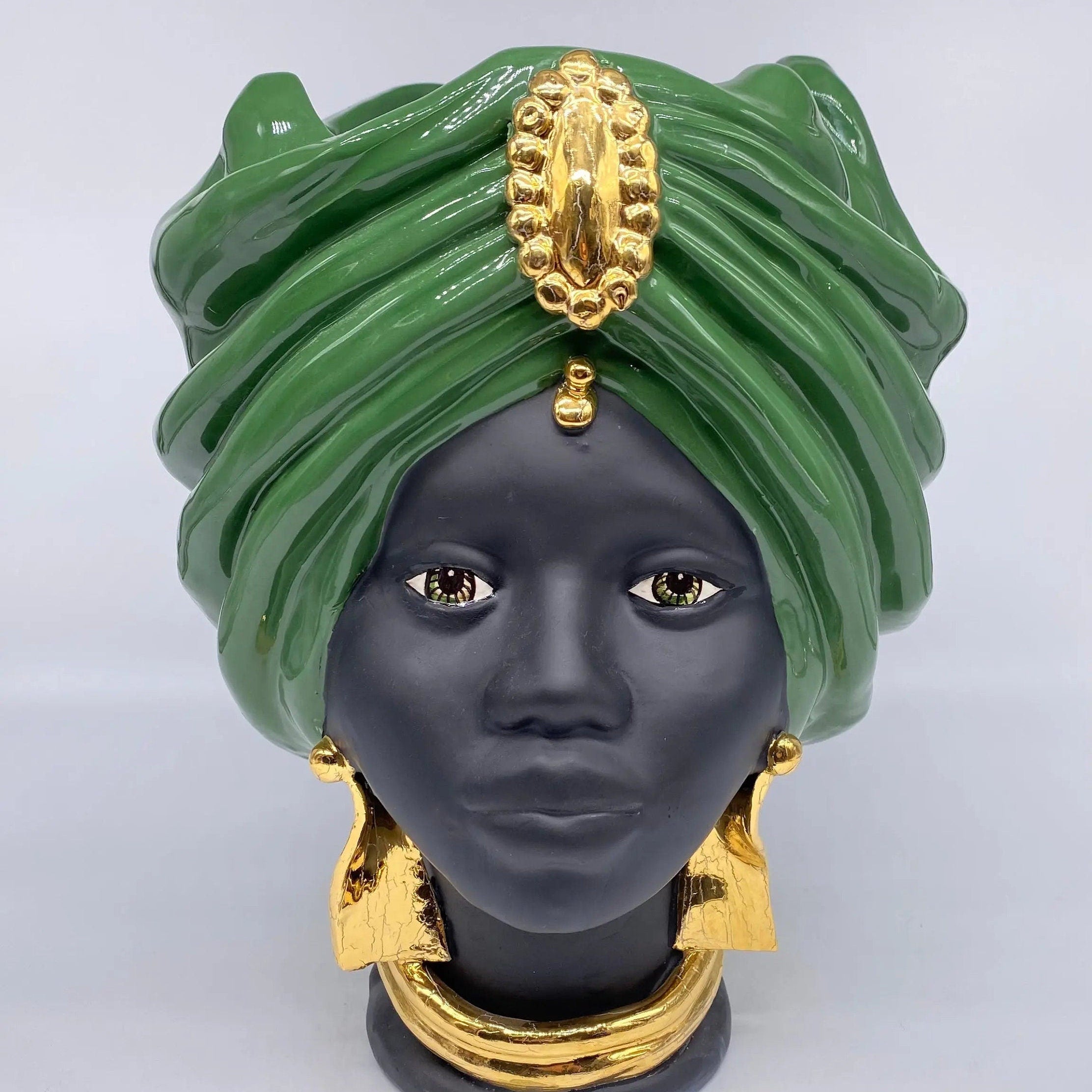 Teste di Moro Atena Ceramica Caltagirone cm H.30 L.23 Artigianale Verde Nero Oro DD CERAMICHE SICILIANE