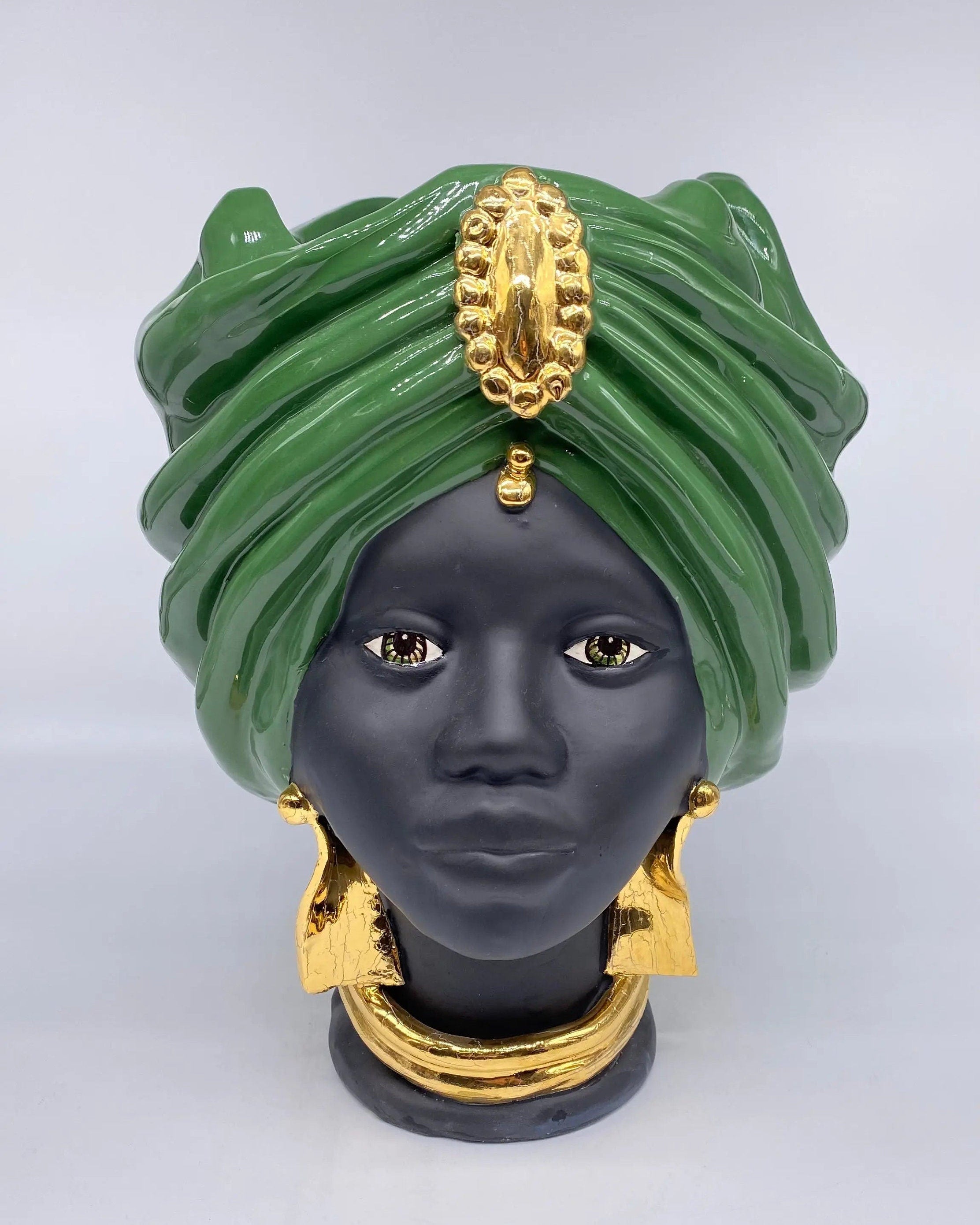 Teste di Moro Atena Ceramica Caltagirone cm H.30 L.23 Artigianale Verde Nero Oro DD CERAMICHE SICILIANE