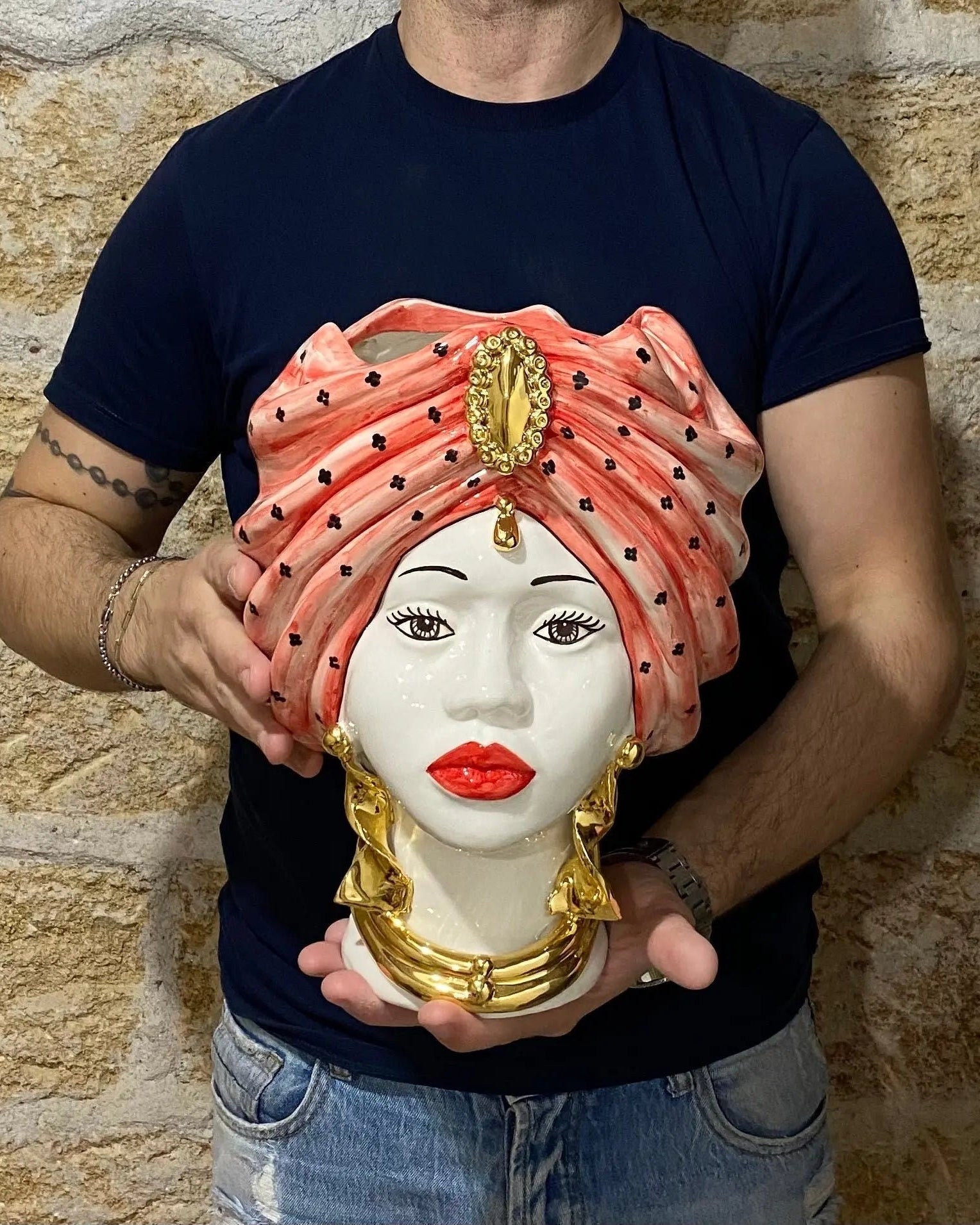 Teste di Moro Atena Ceramica Caltagirone cm H.30 L.23 Artigianale Rosso Pois Oro DD CERAMICHE SICILIANE