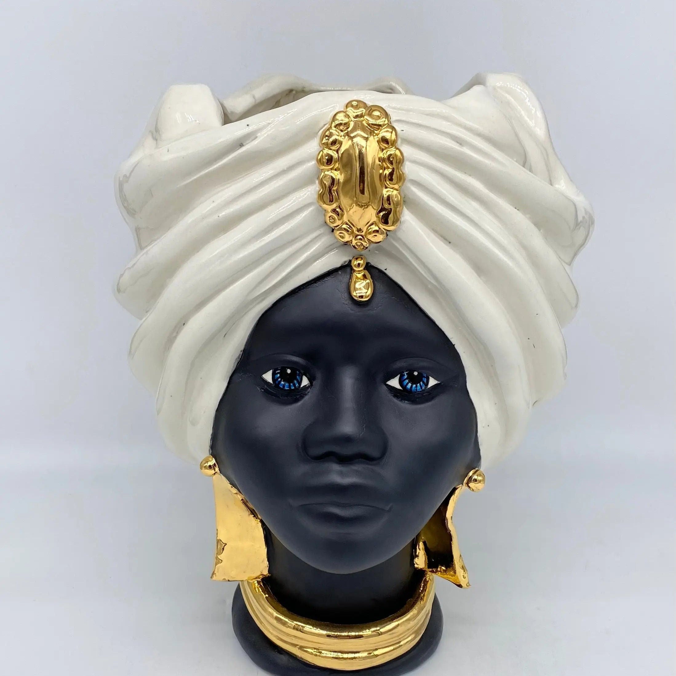 Teste di Moro Atena Ceramica Caltagirone cm H.30 L.23 Artigianale Bianco Nero Oro DD CERAMICHE SICILIANE