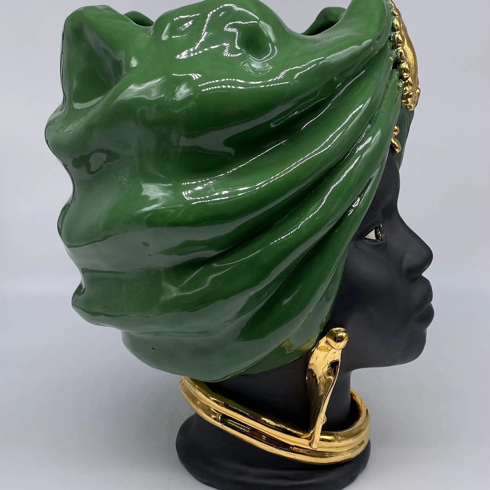 Teste di Moro Atena Ceramica Caltagirone cm H.30 L.23 Artigianale Verde Nero Oro DD CERAMICHE SICILIANE