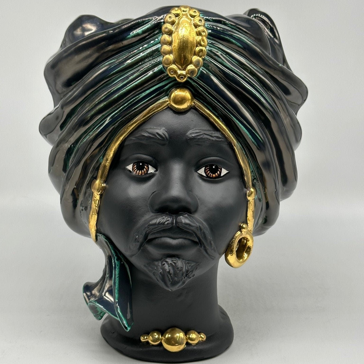 Teste di Moro Atena Ceramica Caltagirone cm H.30 L.23 Artigianale Verde Rame Nero Oro - DD CERAMICHE SICILIANE
